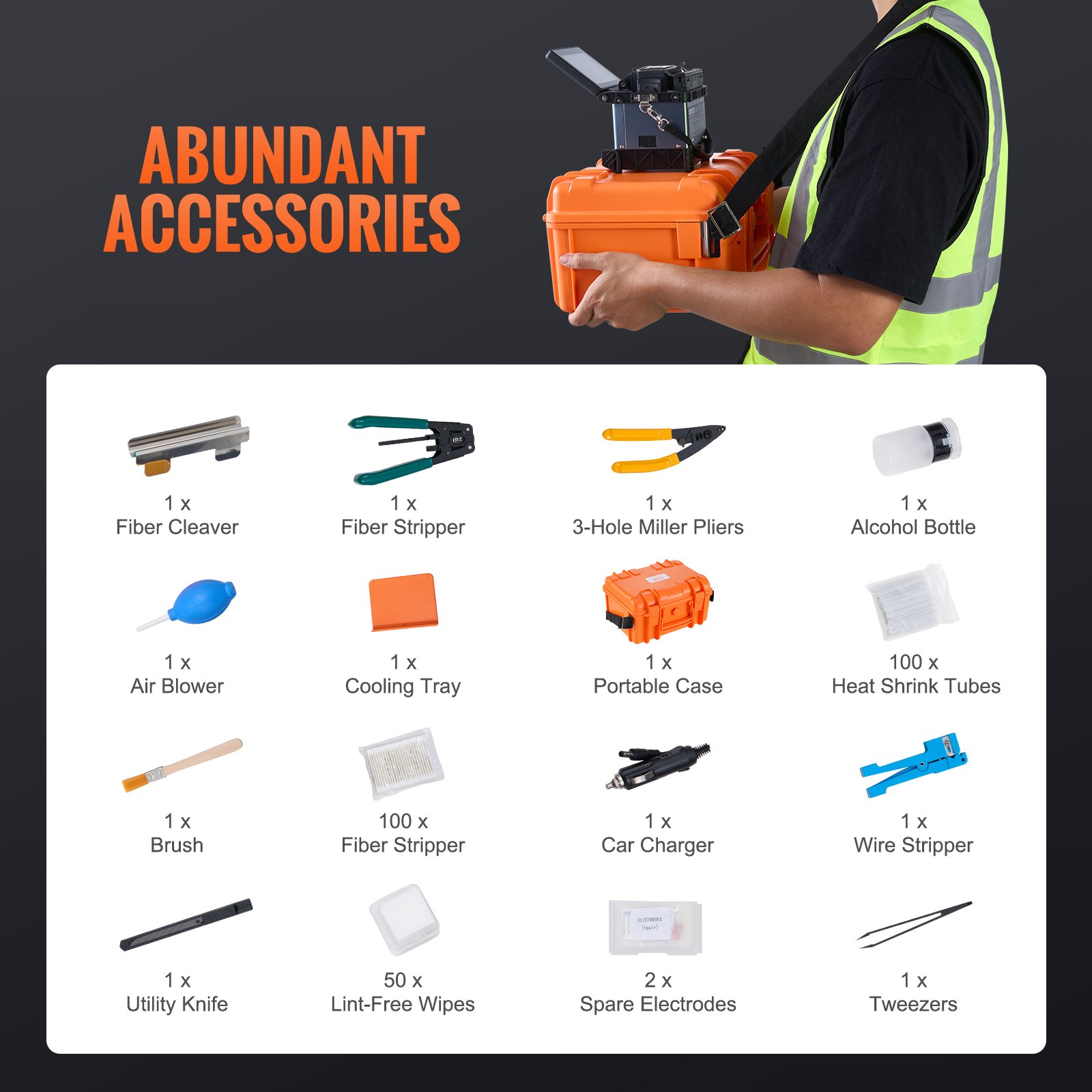 VEVOR Fiber Optic Welding Machine with 6 Motors, Core Alignment, Splicer, 6s Splicing & 13s Heating, Fusion Splicer with 5-inch Touchscreen, 3-in-1 Fiber Holder, 7800 mAh Battery for SM MM DS NZDS