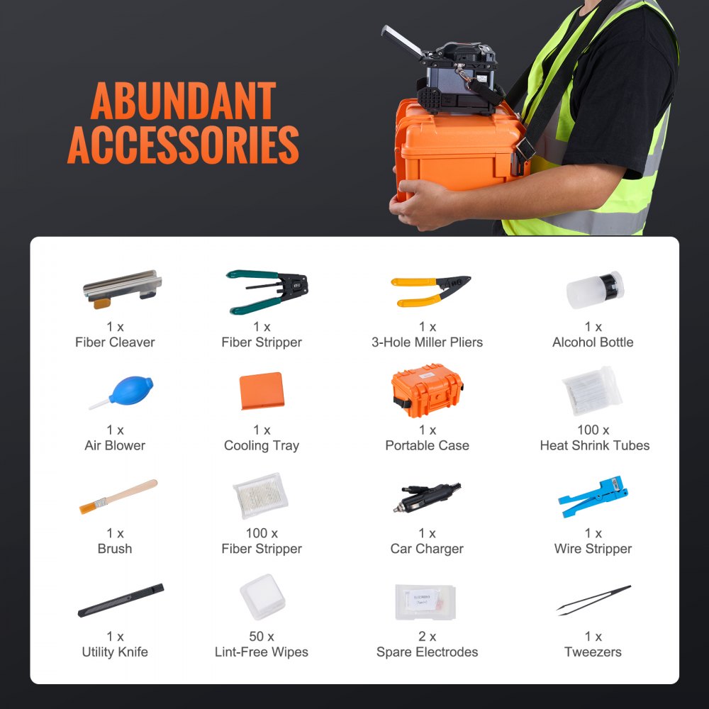 VEVOR Empalmador de Fibra Óptica de 6 Motores, con Alineación de Núcleo, Empalme de 6 s y Calentamiento de 13 s, con Pantalla LCD, Soporte de Fibra 3 en 1, Batería de 7800 mAh, 145 x 143 x 158 mm