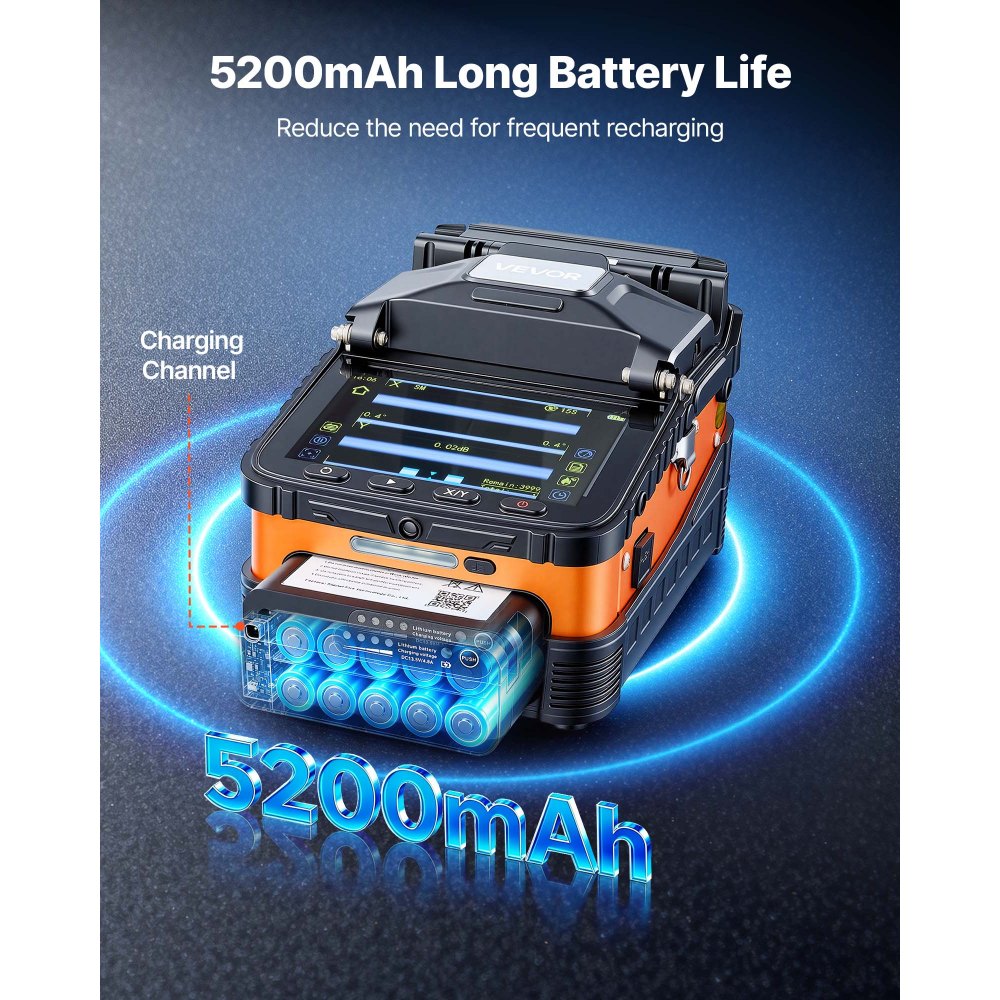 VEVOR Fusionadora de Fibra Óptica con 6 Motores, Alineación de Núcleo de 0,5 µm, Empalme en 8 s y Calentamiento en 18 s, Pantalla LCD de 5 Pulgadas, Bluetooth, Batería de 5200 mAh y Cortadora S07
