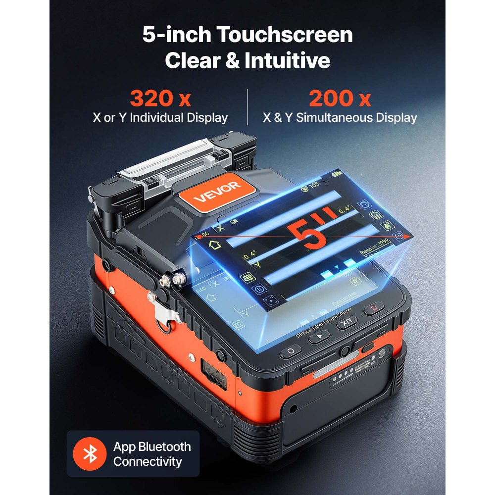 VEVOR Fusionadora de Fibra Óptica 0,3 µm con Batería de 5200 mAh y Kit, Empalmadora de Fibra Óptica con 6 Motores, Empalme en 8 s, Calentamiento en 18 s, Pantalla Táctil de 5 Pulgadas y Bluetooth