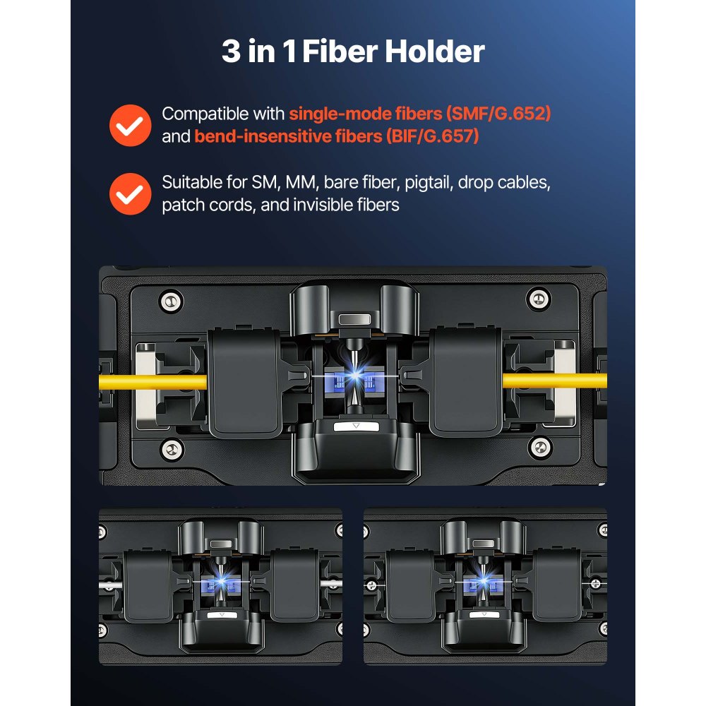 VEVOR Fusionadora de Fibra Óptica 0,3 µm con Batería de 5200 mAh y Kit, Empalmadora de Fibra Óptica con 6 Motores, Empalme en 8 s, Calentamiento en 18 s, Pantalla Táctil de 5 Pulgadas y Bluetooth
