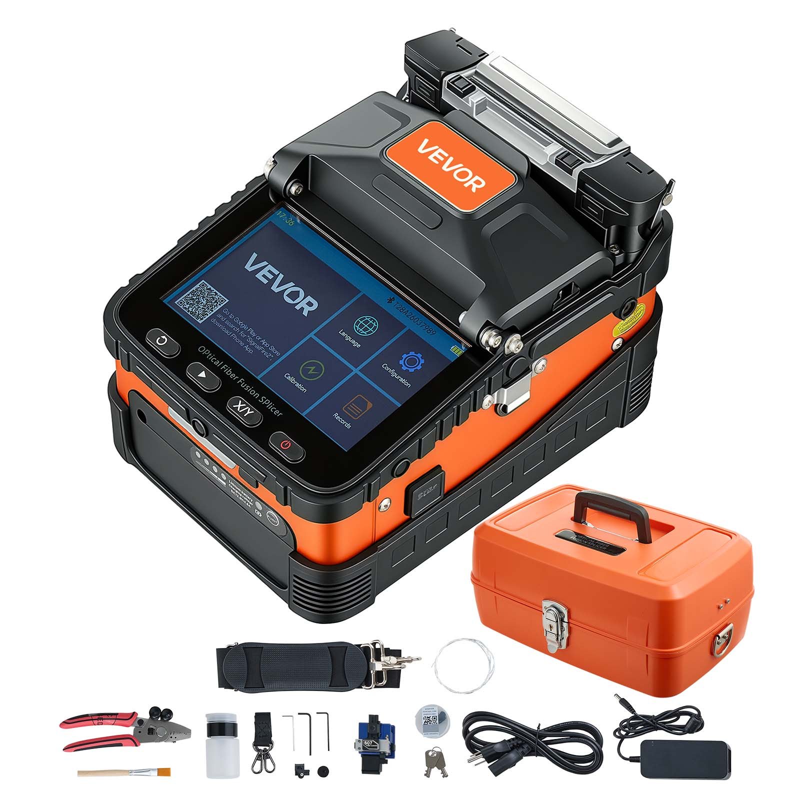 VEVOR Fusionadora de Fibra Óptica 0,3 µm con Batería de 5200 mAh y Kit, Empalmadora de Fibra Óptica con 6 Motores, Empalme en 8 s, Calentamiento en 18 s, Pantalla Táctil de 5 Pulgadas y Bluetooth