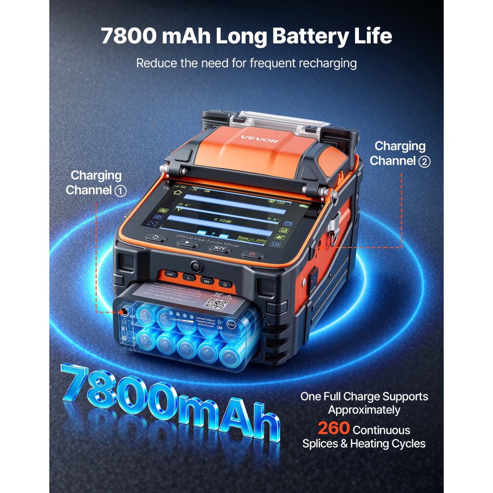 VEVOR Fusionadora de Fibra Óptica con 6 Motores, Empalme en 5 s y Calentamiento en 15 s, Empalmadora de Fibra Óptica, Pantalla Táctil de 5 Pulgadas, Batería de 7800 mAh, VFL, OPM, Maletín Portátil S12