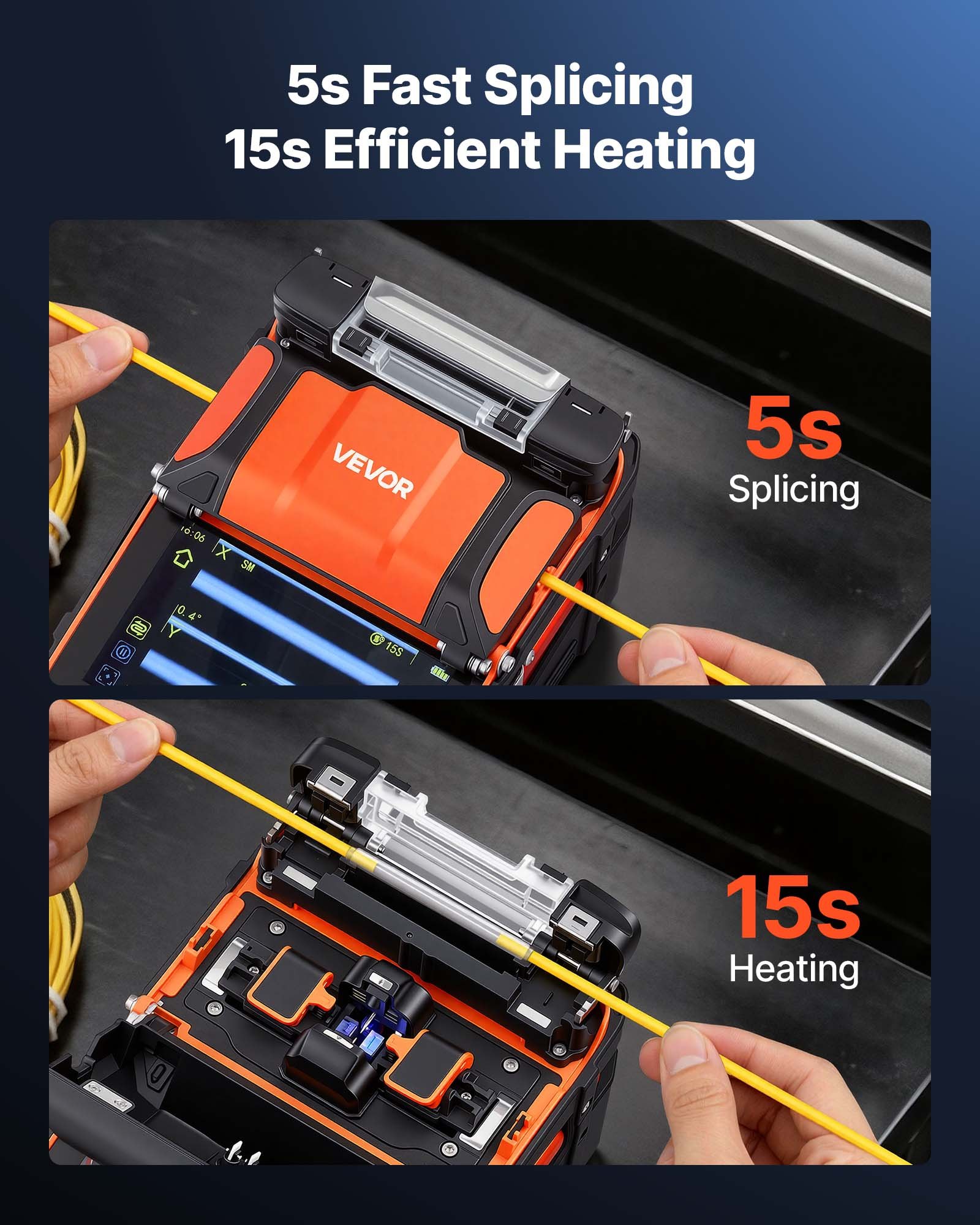 VEVOR Fusionadora de Fibra Óptica con 6 Motores, Empalme en 5 s y Calentamiento en 15 s, Empalmadora de Fibra Óptica, Pantalla Táctil de 5 Pulgadas, Batería de 7800 mAh, VFL, OPM, Maletín Portátil S12