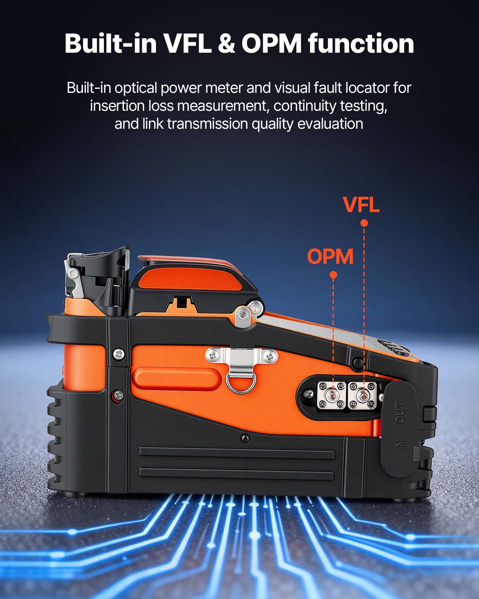 VEVOR Fusionadora de Fibra Óptica con 6 Motores, Empalme en 5 s y Calentamiento en 15 s, Empalmadora de Fibra Óptica, Pantalla Táctil de 5 Pulgadas, Batería de 7800 mAh, VFL, OPM, Maletín Portátil S12