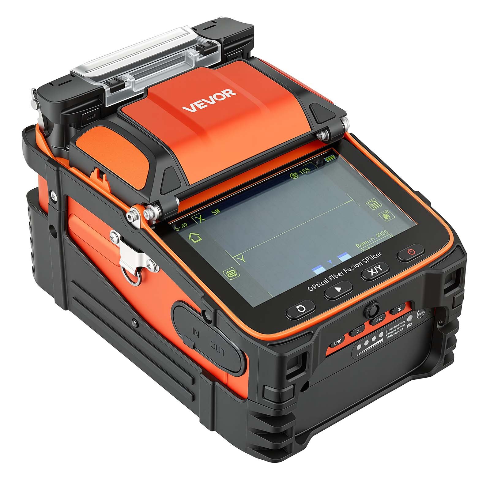VEVOR Fusionadora de Fibra Óptica con 6 Motores, Empalme en 5 s y Calentamiento en 15 s, Empalmadora de Fibra Óptica, Pantalla Táctil de 5 Pulgadas, Batería de 7800 mAh, VFL, OPM, Maletín Portátil S12