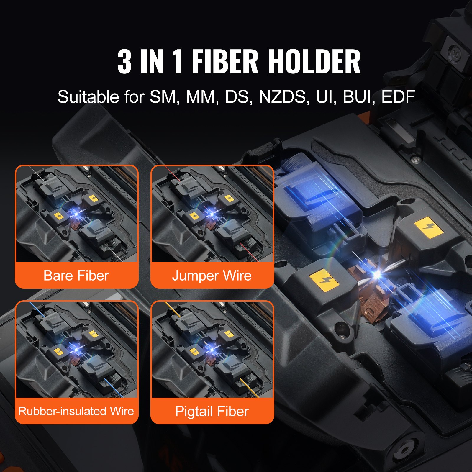 VEVOR Soldador de Fibra Óptica 4 Motores Empalmadora de Fusión de Fibra Recubrimiento de Alineación de Enfoque Soporte de Pantalla LCD Digital Empalme de Fibra Óptica 3 en 1 Calefacción 9-25 s