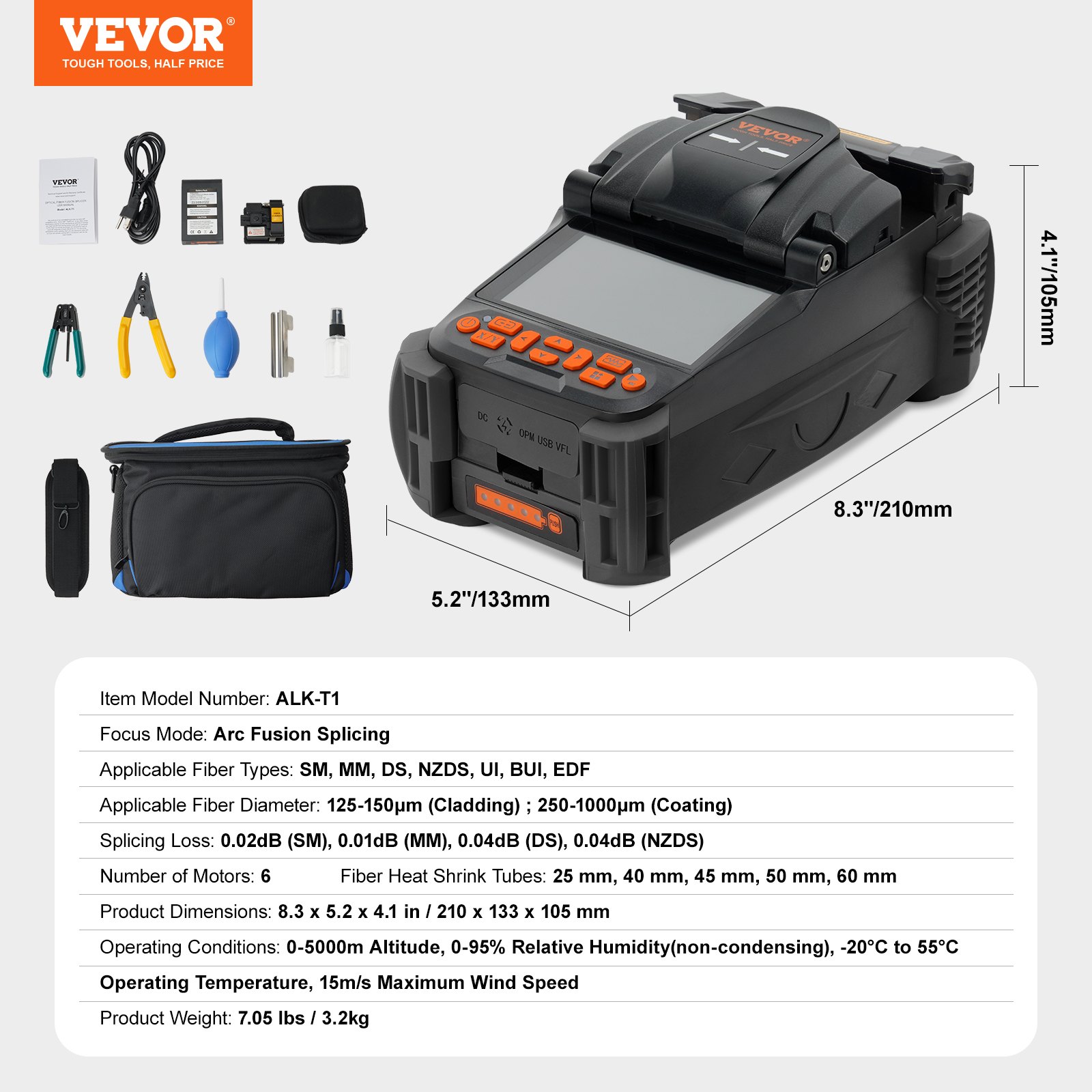 VEVOR Soldador de Fibra Óptica 6 Motores Empalmadora de Fusión de Fibra Óptica Alineación del Núcleo Pantalla LCD Digital Soporte de Almacenamiento de Imágenes Empalme 5-6 s Calefacción 9-25 s