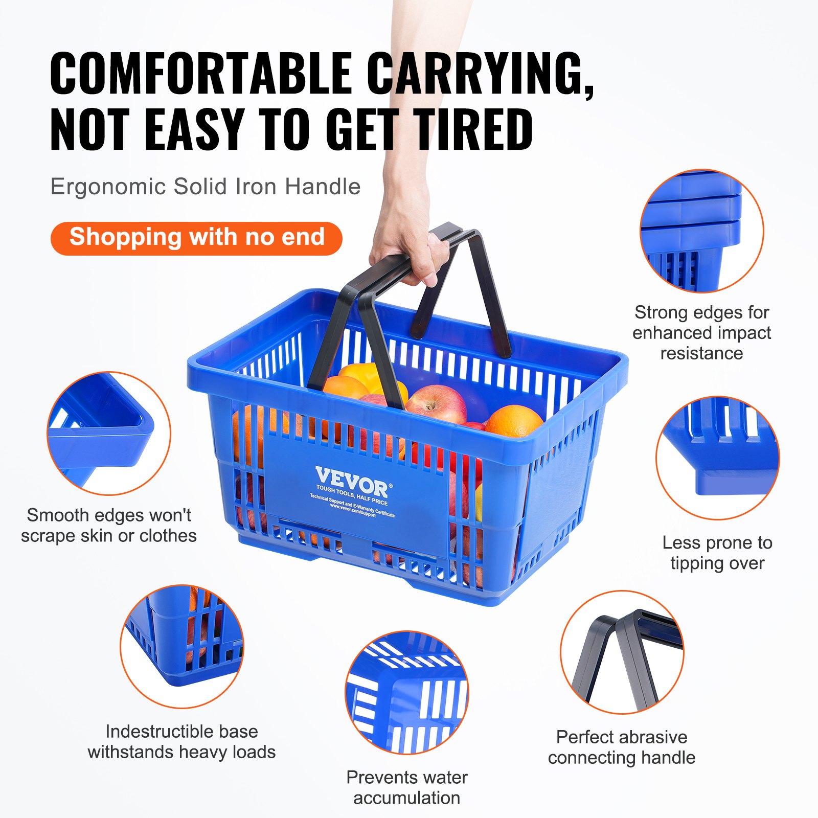 VEVOR Cesta Azul de la Compra con Asas y Soporte, 12 Piezas, 24 L, Cesta Portátil de la Compra de Plástico Duradero de 425 x 295 x 225 mm, para la Compra de Comestibles en el Supermercado, Tienda