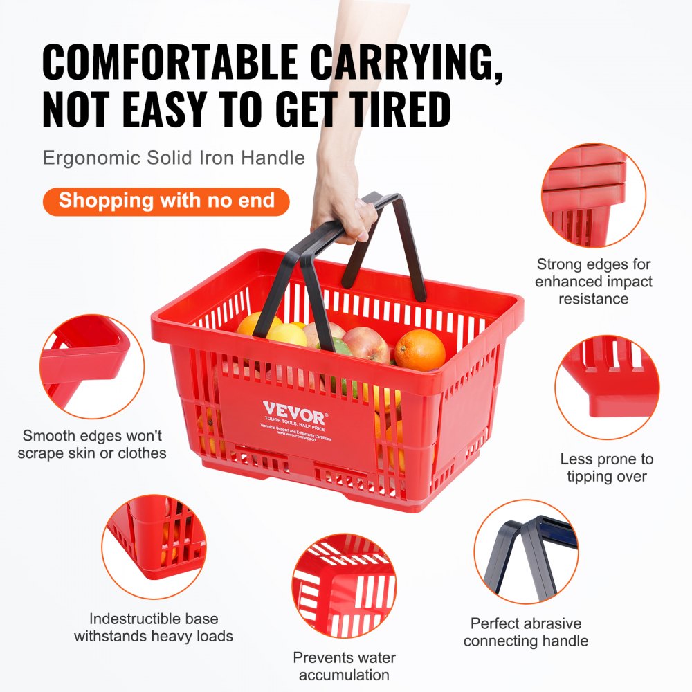 VEVOR Cesta Roja de la Compra con Asas y Soporte, 12 Piezas, 24 L, Cesta Portátil de la Compra de Plástico Duradero de 425 x 295 x 225 mm, para la Compra de Comestibles en el Supermercado, Tienda