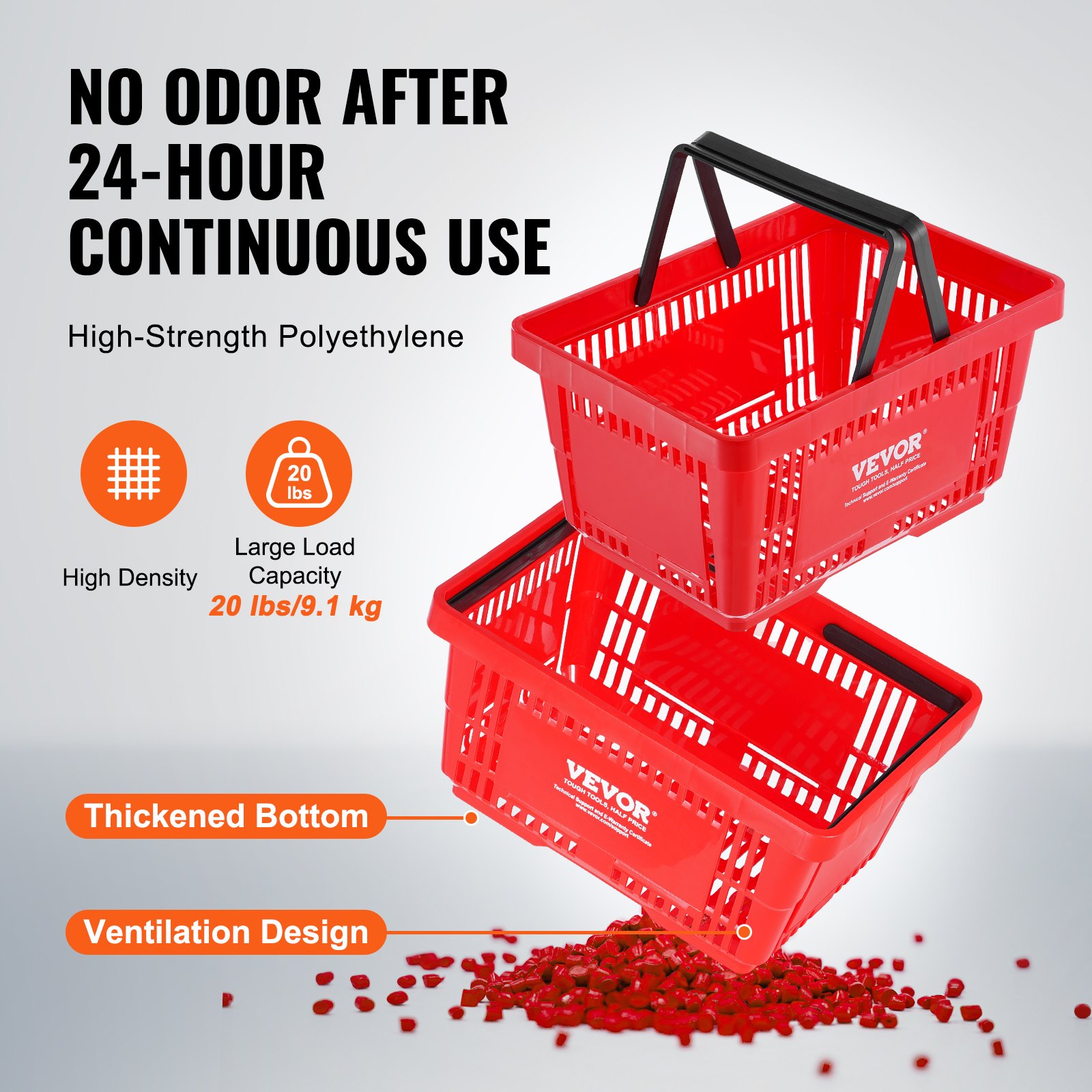 VEVOR Cesta Roja de la Compra con Asas y Soporte, 12 Piezas, 24 L, Cesta Portátil de la Compra de Plástico Duradero de 425 x 295 x 225 mm, para la Compra de Comestibles en el Supermercado, Tienda