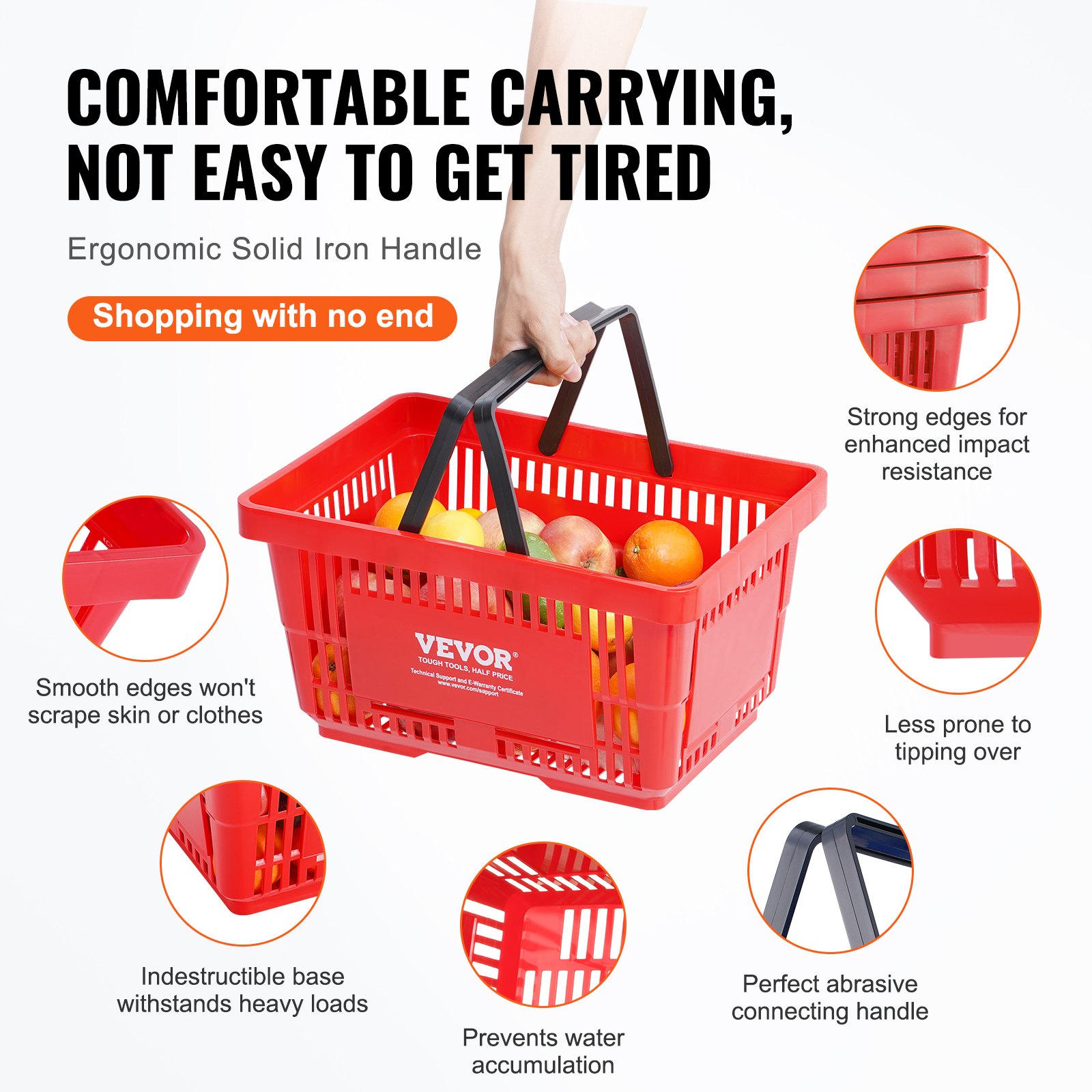 VEVOR Cesta Roja de la Compra con Asas y Soporte, 12 Piezas, 24 L, Cesta Portátil de la Compra de Plástico Duradero de 425 x 295 x 225 mm, para la Compra de Comestibles en el Supermercado, Tienda