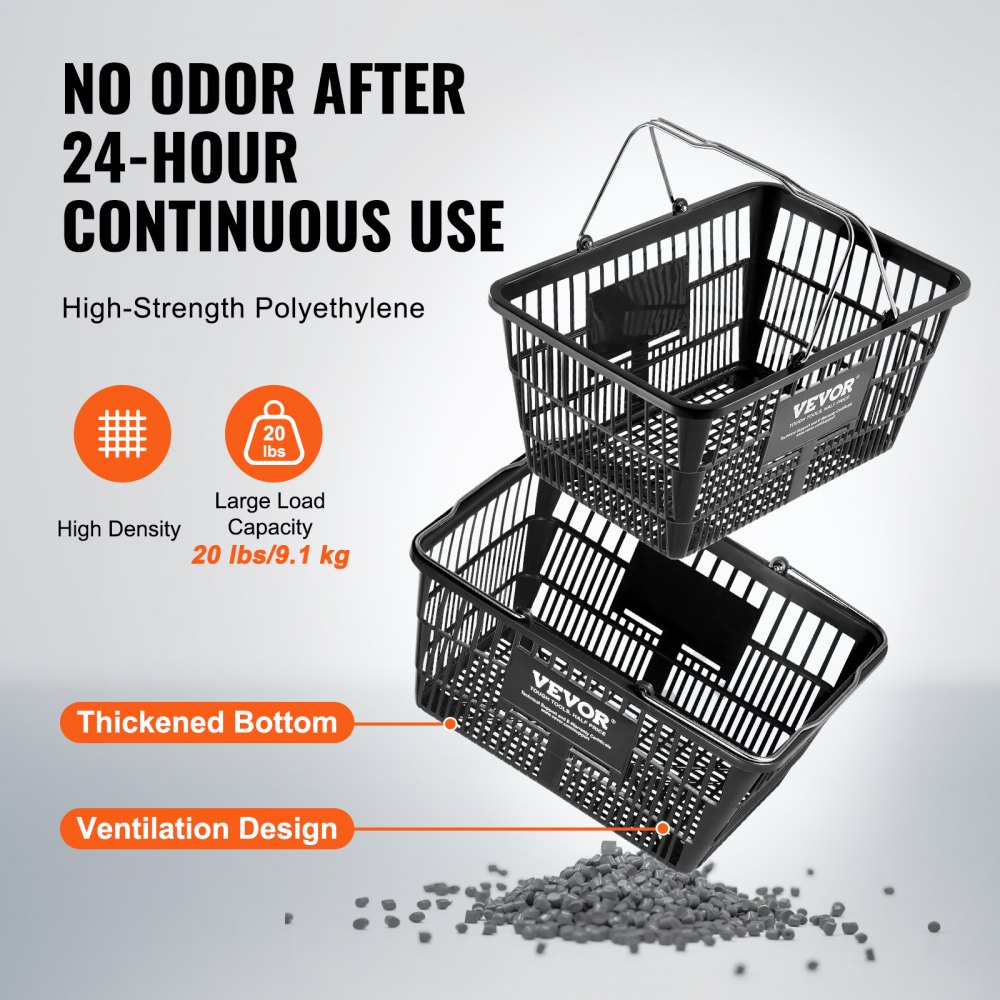 VEVOR Cesta Negra de la Compra con Mango y Soporte de Metal, 12 Piezas, 21 L, Cesta Portátil de la Compra de Plástico Duradero de 425 x 305 x 218 mm, para la Compra de Comestibles en el Supermercado