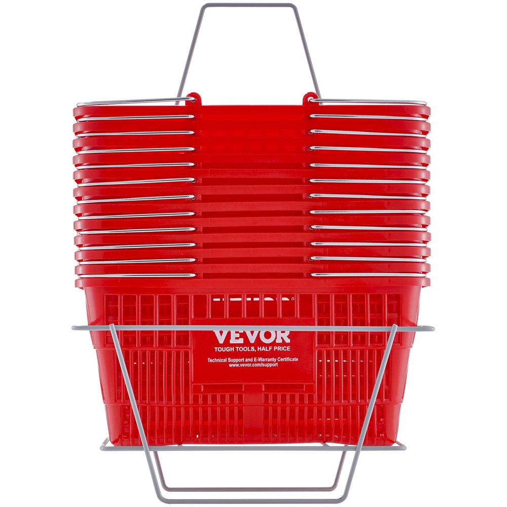 VEVOR Cesta Roja de la Compra con Mango y Soporte de Metal, 12 Piezas, 21 L, Cesta Portátil de la Compra de Plástico Duradero de 425 x 305 x 218 mm, para la Compra de Comestibles en el Supermercado