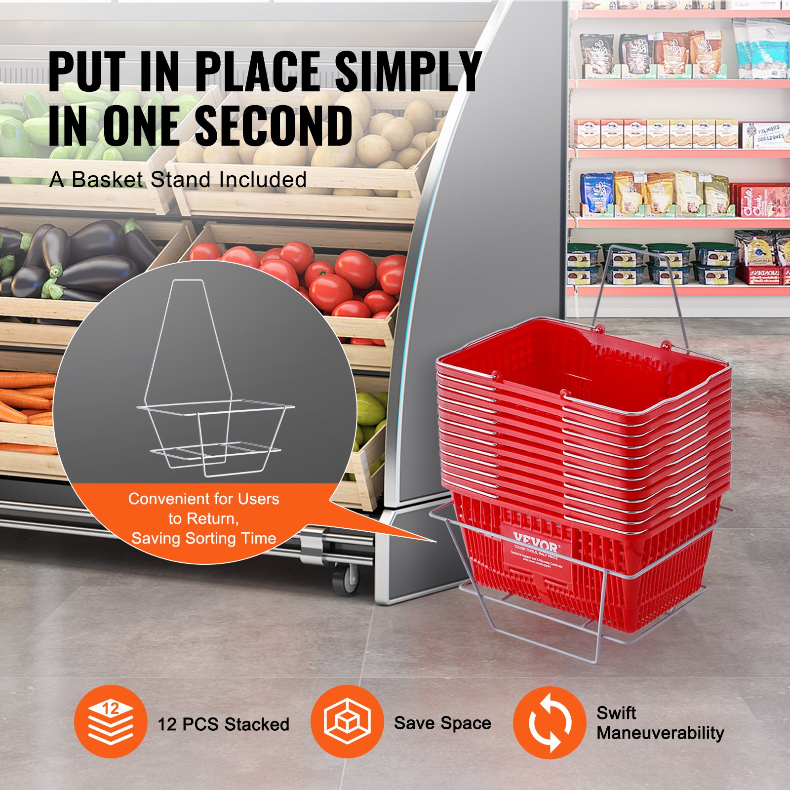 VEVOR Cesta Roja de la Compra con Mango y Soporte de Metal, 12 Piezas, 21 L, Cesta Portátil de la Compra de Plástico Duradero de 425 x 305 x 218 mm, para la Compra de Comestibles en el Supermercado