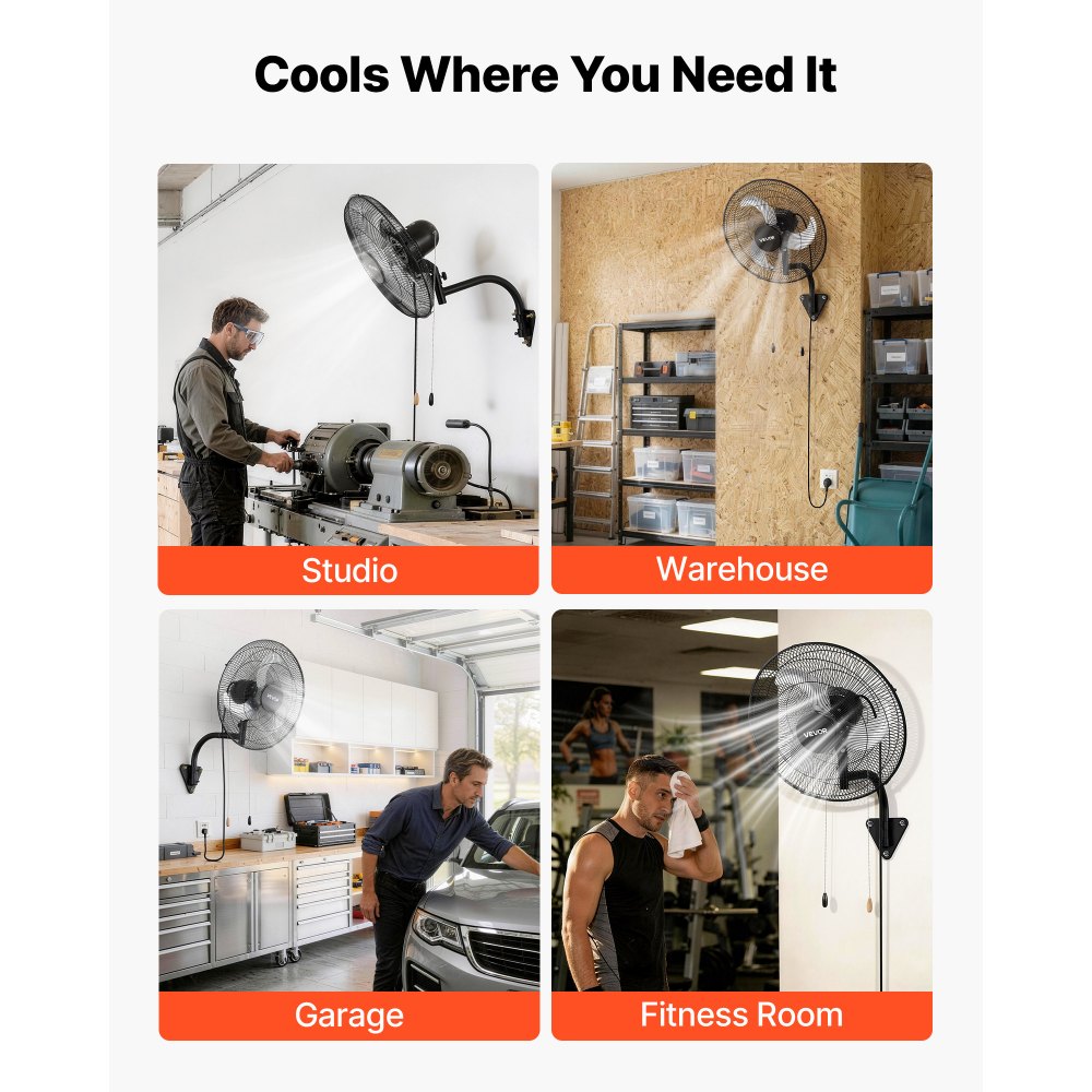 VEVOR Ventilador de Pared con 3 Velocidades, Ángulo y Aire de Flujo Ajustable, Motor de Cobre, Ventilador Industrial Oscilante de Acero para Taller, Garaje, Gimnasio, Comercio y Almacén, Color Negro