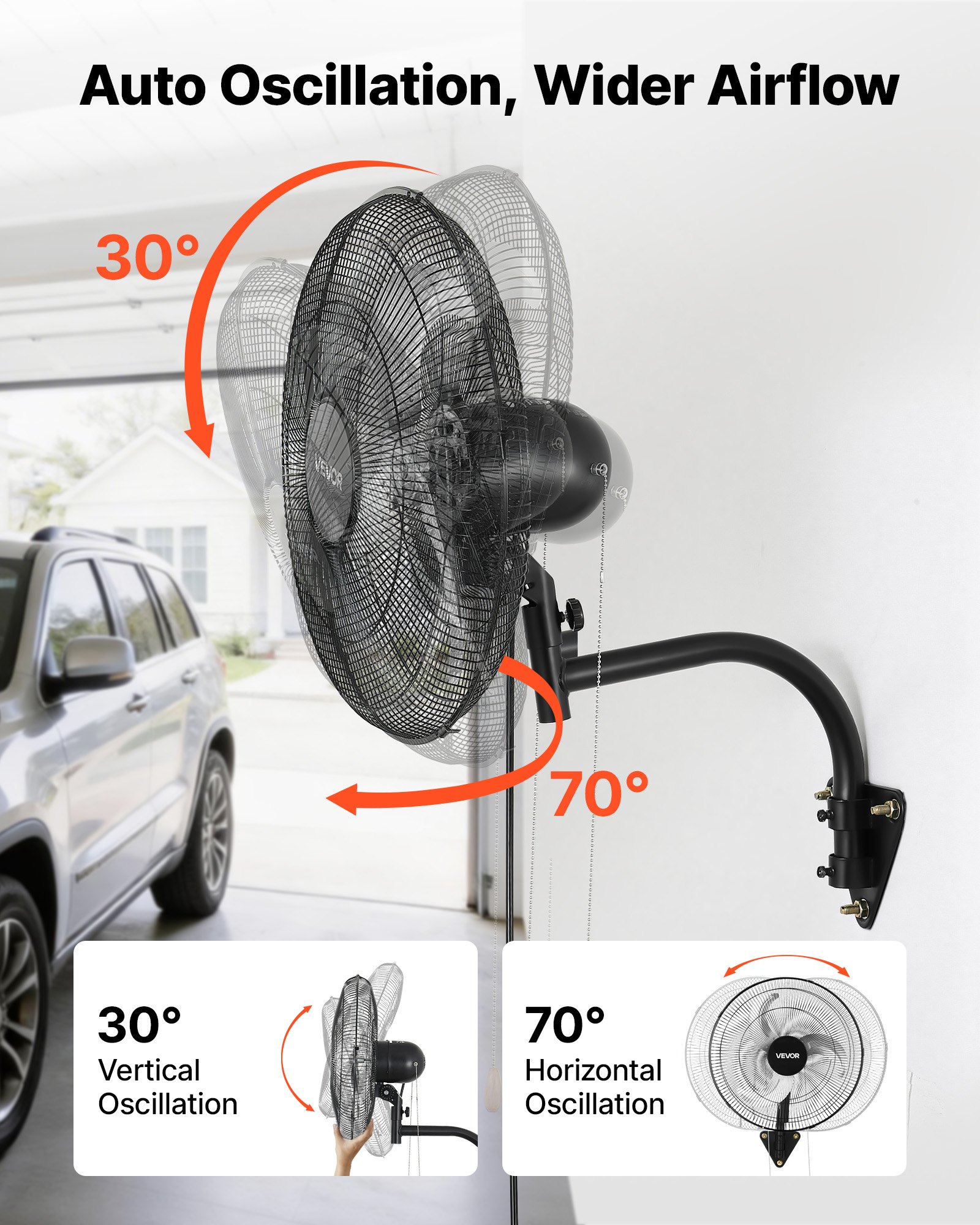 VEVOR Ventilador de Pared con 3 Velocidades, Ángulo y Aire de Flujo Ajustable, Motor de Cobre, Ventilador Industrial Oscilante de Acero para Taller, Garaje, Gimnasio, Comercio y Almacén, Color Negro