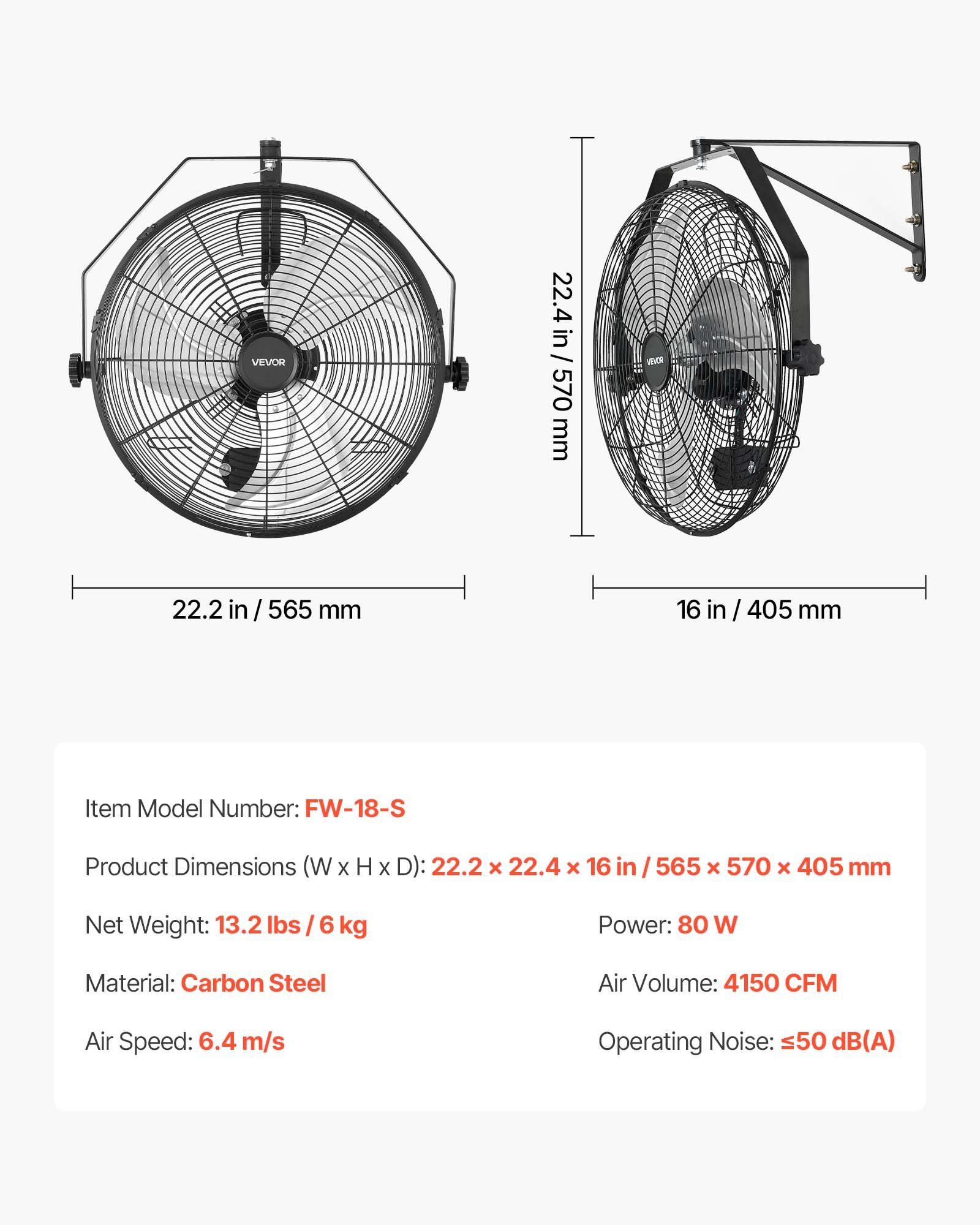 VEVOR Ventilador de Pared con 3 Velocidades, Aire de Flujo, Ángulo Ajustable, Motor de Cobre, Protección IP44, Ventilador Industrial Oscilante de Acero para Taller, Garaje, Gimnasio, Comercio, Almacén