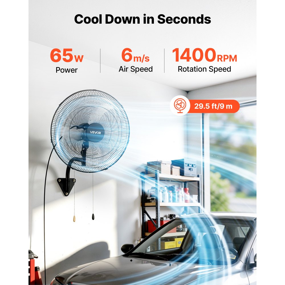 VEVOR Ventilador de Pared con 3 Velocidades, Motor de Cobre, Aire de Flujo y Ángulo Ajustable, Ventilador Industrial Oscilante de Acero al Carbono para Gimnasio, Taller, Comercio, Garaje y Almacén