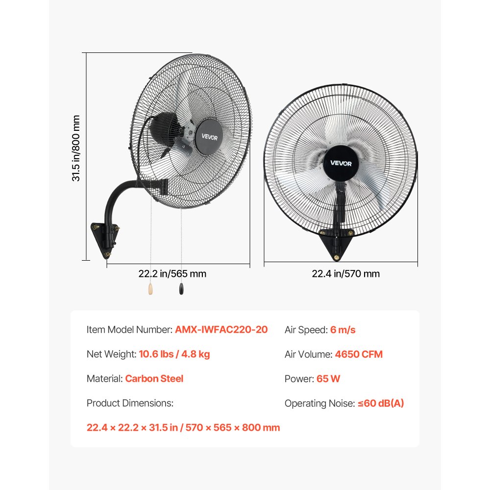 VEVOR Ventilador de Pared con 3 Velocidades, Motor de Cobre, Aire de Flujo y Ángulo Ajustable, Ventilador Industrial Oscilante de Acero al Carbono para Gimnasio, Taller, Comercio, Garaje y Almacén