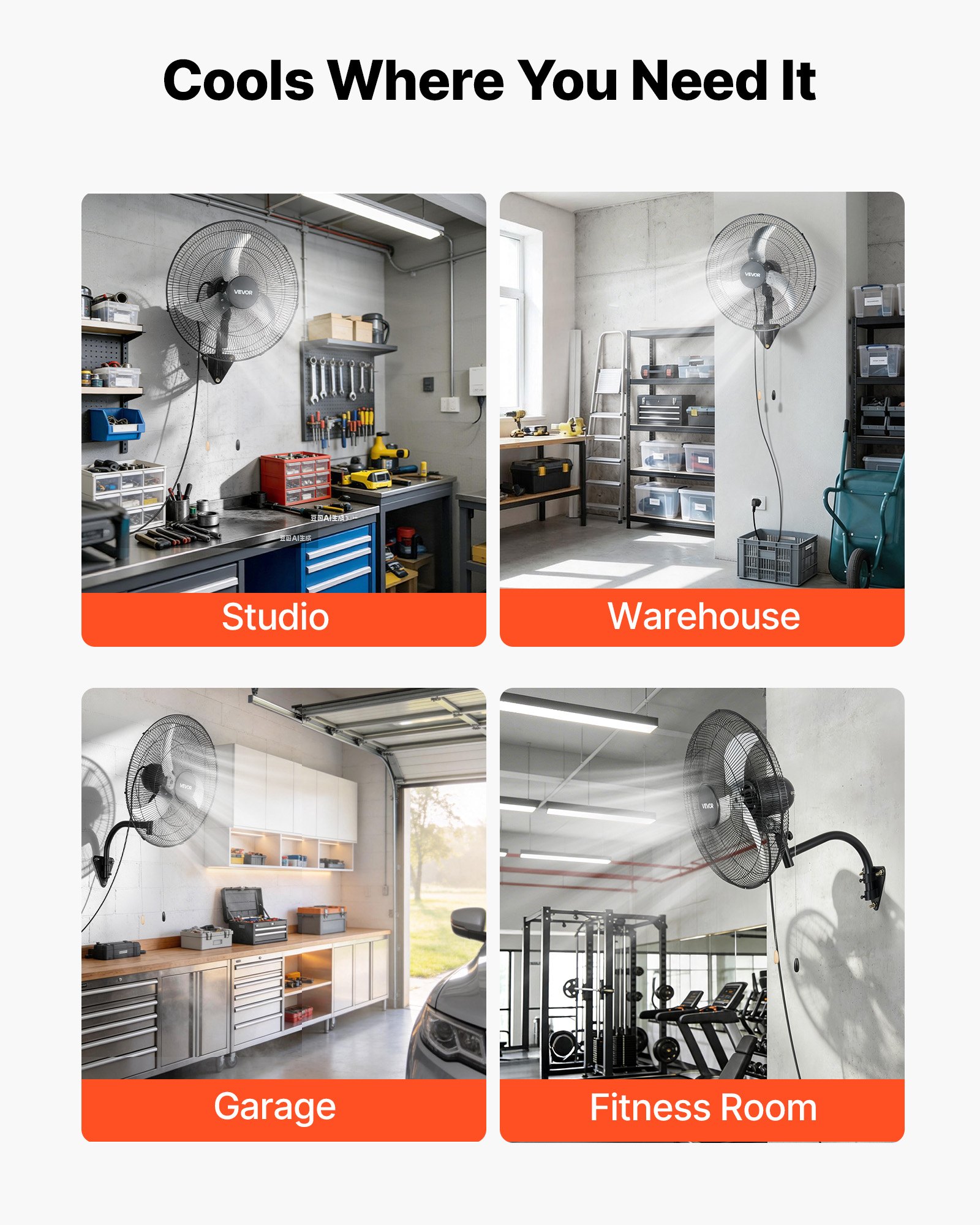 VEVOR Ventilador de Pared con 3 Velocidades, Motor de Cobre, Aire de Flujo y Ángulo Ajustable, Ventilador Industrial Oscilante de Acero al Carbono para Gimnasio, Taller, Comercio, Garaje y Almacén