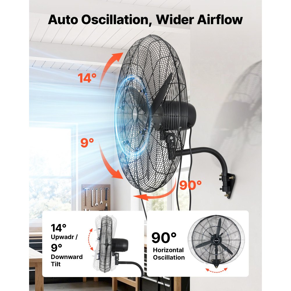 VEVOR Ventilador de Pared con 3 Velocidades, Nebulización, Ángulo Ajustable, Motor de Cobre, IP44, Ventilador Industrial Oscilante de Acero al Carbono para, Invernadero, Ganadería, Taller, Exterior