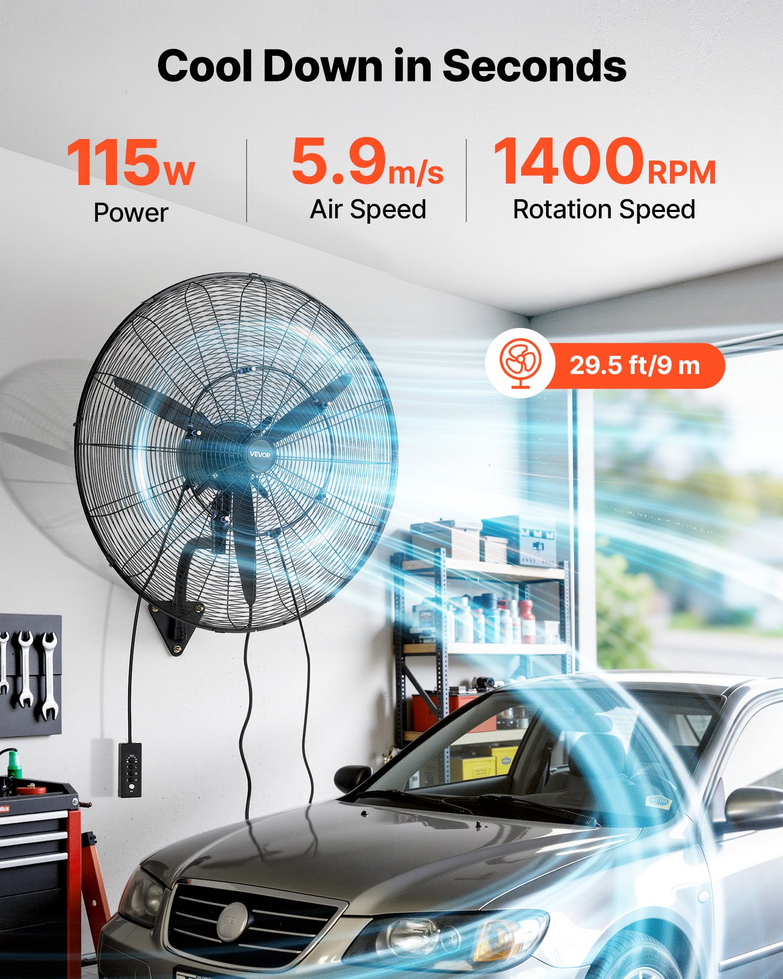 VEVOR Ventilador de Pared con 3 Velocidades, Nebulización, Ángulo Ajustable, Motor de Cobre, IP44, Ventilador Industrial Oscilante de Acero al Carbono para, Invernadero, Ganadería, Taller, Exterior
