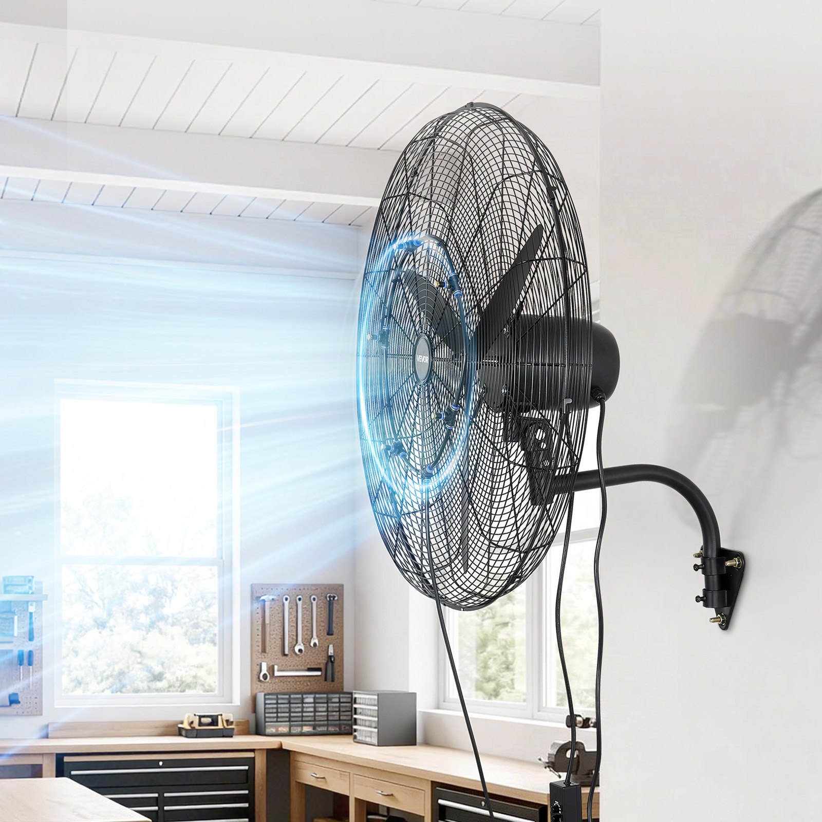 VEVOR Ventilador de Pared con 3 Velocidades, Nebulización, Ángulo Ajustable, Motor de Cobre, IP44, Ventilador Industrial Oscilante de Acero al Carbono para, Invernadero, Ganadería, Taller, Exterior