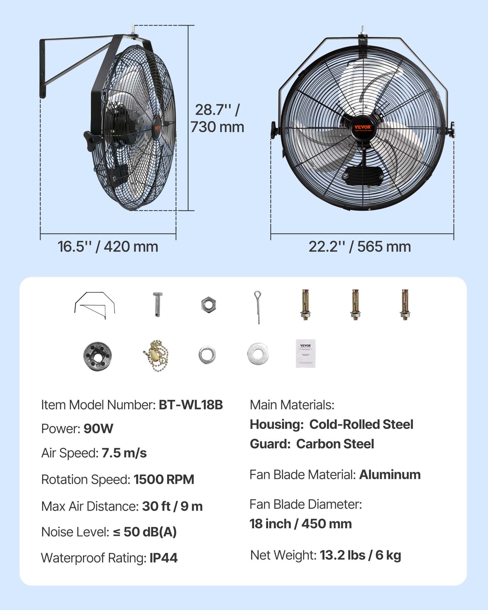 VEVOR Ventilador de Montaje en Pared, 44,6 cm, 3 Velocidades de Alta Velocidad Máx. 4150 CFM, Ventilador de Pared Industrial Oscilante Impermeable, Comercial o Residencial para Almacén, Patio, Negro