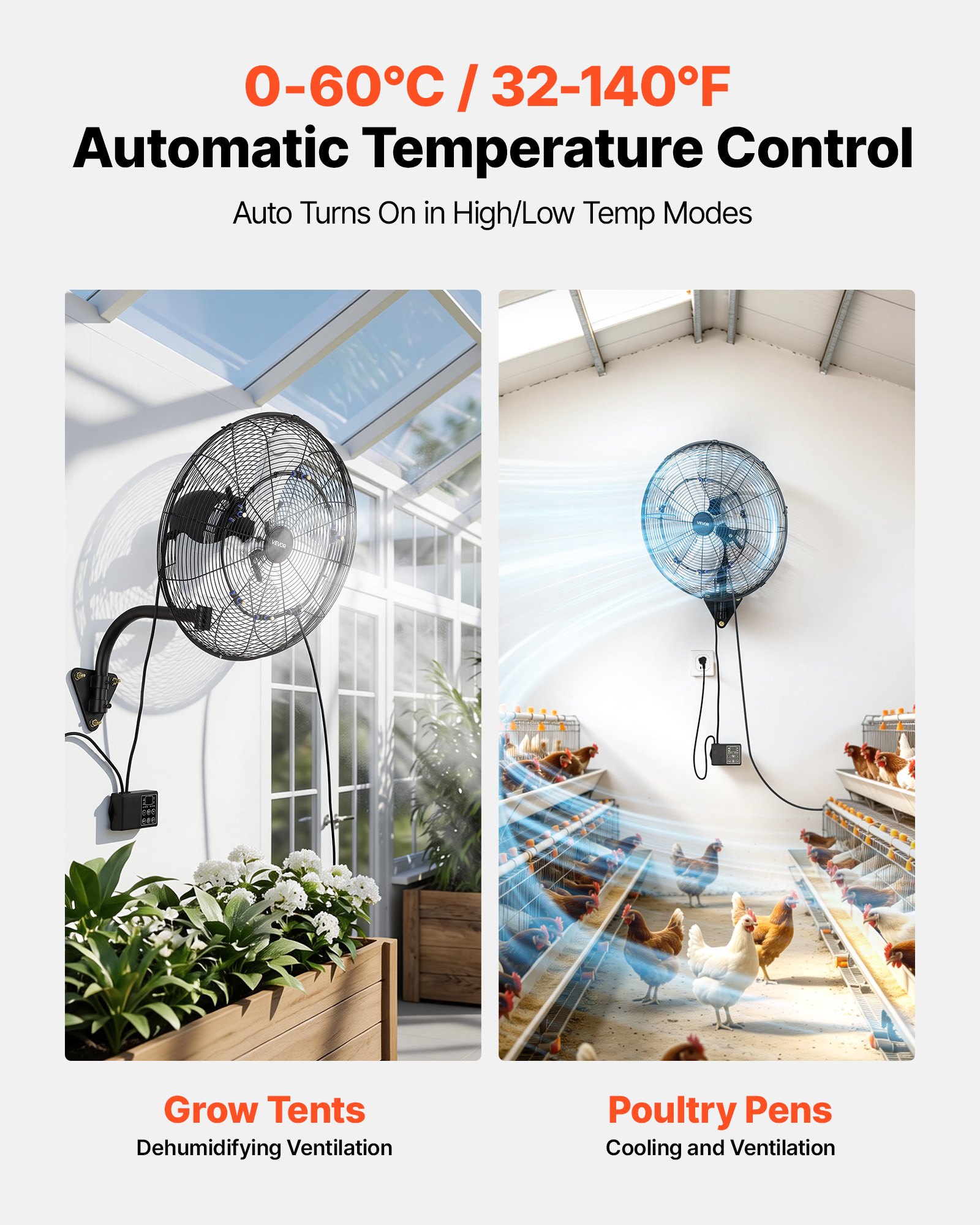 VEVOR Ventilador de Pared con 3 Velocidades, Nebulización, Control Remoto y Termostato, IP44, Ventilador Industrial Oscilante de Acero al Carbono para Exterior, Taller, Invernadero, Ganadería, Garaje