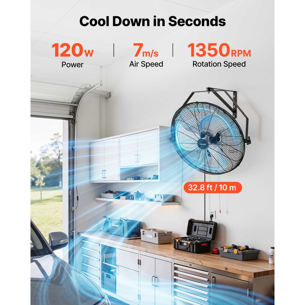 VEVOR Ventilador de Pared, Paquete de 2, con 3 Velocidades, Aire de Flujo, Ángulo Ajustable, Motor de Cobre, Ventilador Industrial Oscilante de Acero para Taller, Garaje, Gimnasio, Comercio, Almacén