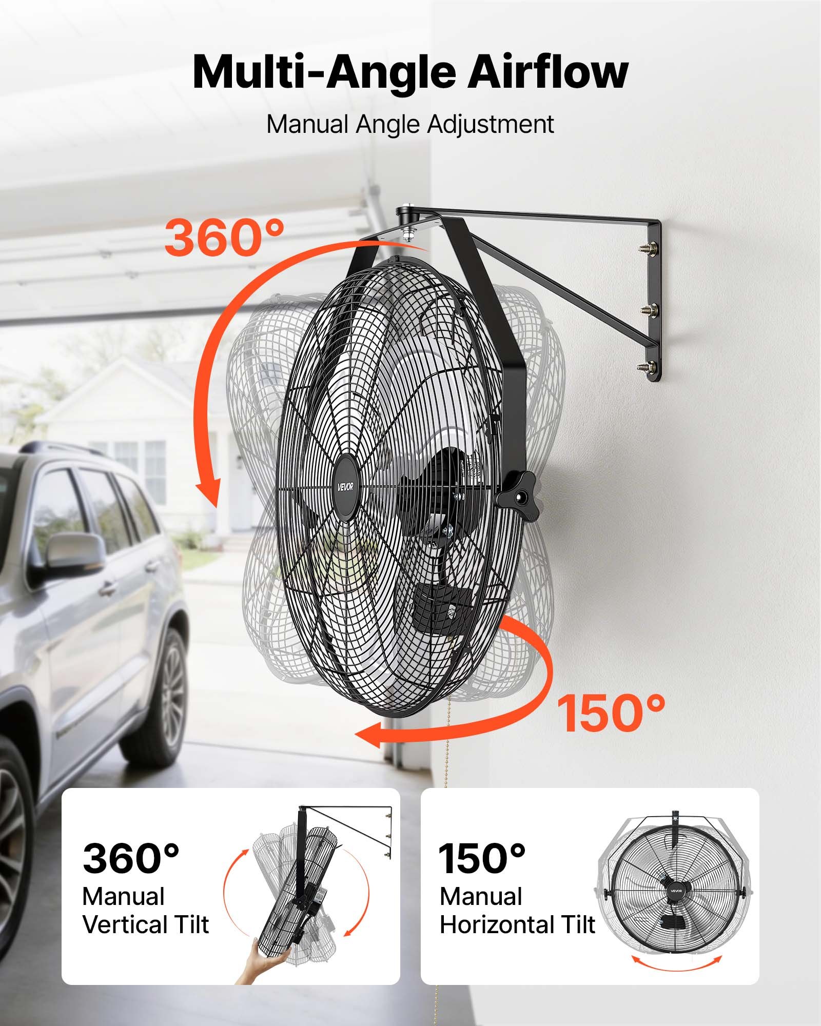 VEVOR Ventilador de Pared, Paquete de 2, con 3 Velocidades, Aire de Flujo, Ángulo Ajustable, Motor de Cobre, Ventilador Industrial Oscilante de Acero para Taller, Garaje, Gimnasio, Comercio, Almacén
