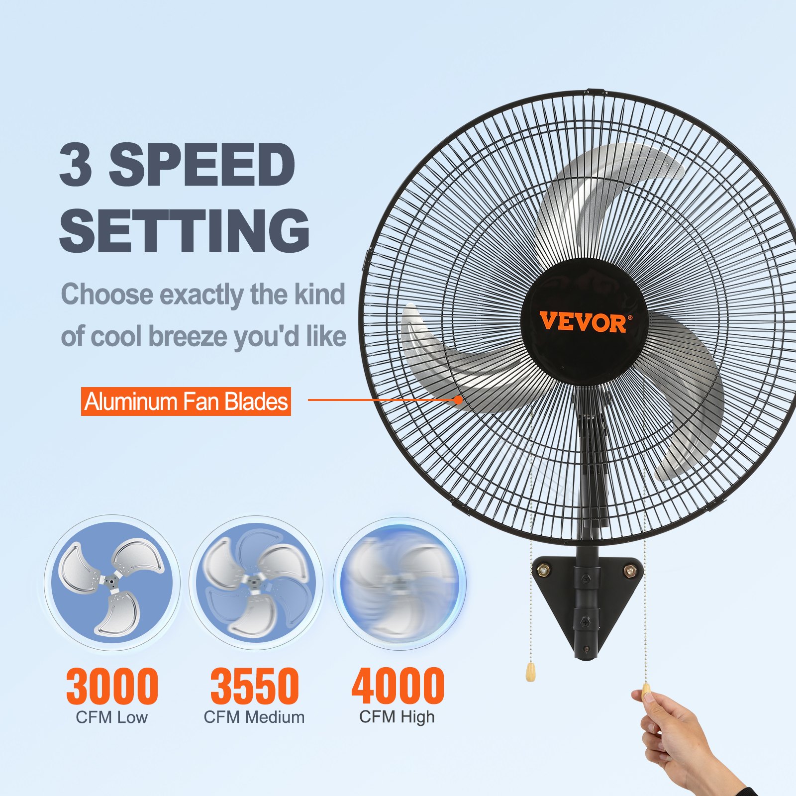 VEVOR Ventilador de Montaje en Pared, 44,45 cm, 3 Velocidades de Alta Velocidad Máx. Ventilador de Pared Industrial Oscilante de 4000 CFM, Comercial o Residencial para Almacén, Invernadero, Negro
