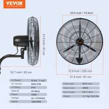 VEVOR Ventilador Nebulizador de Montaje en Pared, 74,9 cm, 3 Velocidades de Alta Velocidad Máx. 9500 CFM, Ventilador de Pared Industrial Oscilante a Prueba de Agua, Comercial o Residencial, Negro