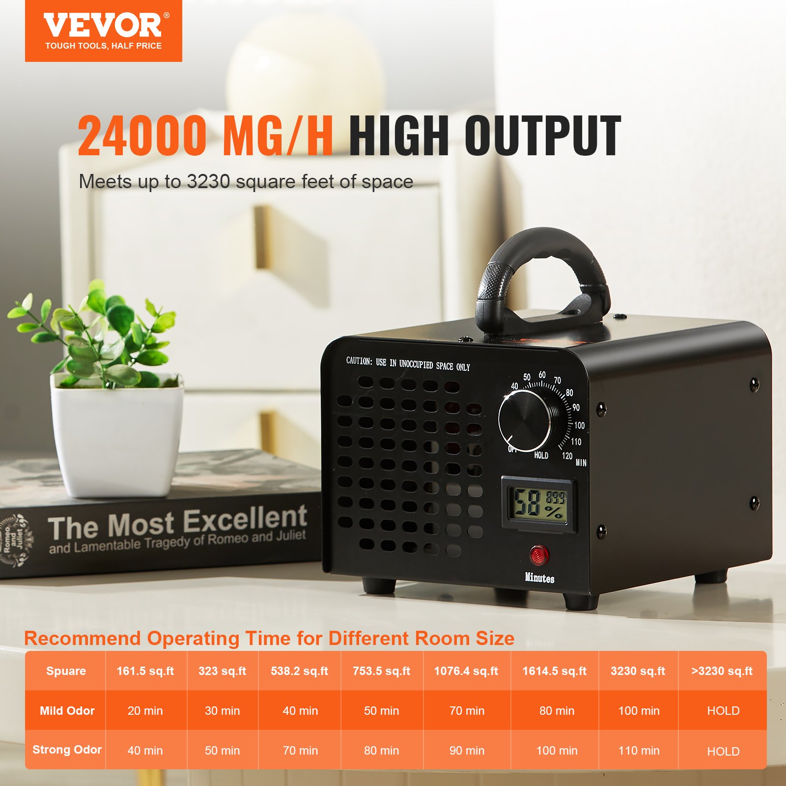 Generador de ozono VEVOR, máquina de ozono de 24000mg/h, eliminador de olores con temporizador de 0-120min