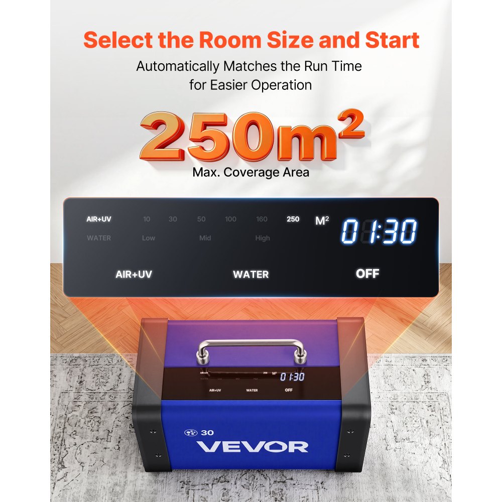 VEVOR Generador de Ozono 30000 mg/h con 6 Tubos de Cuarzo, Control Remoto, Doble Modo, Máquina de Ozono con Doble Manguera, Difusores de Corindón, Cobertura hasta 250 m², para Cocina Hogar Oficina