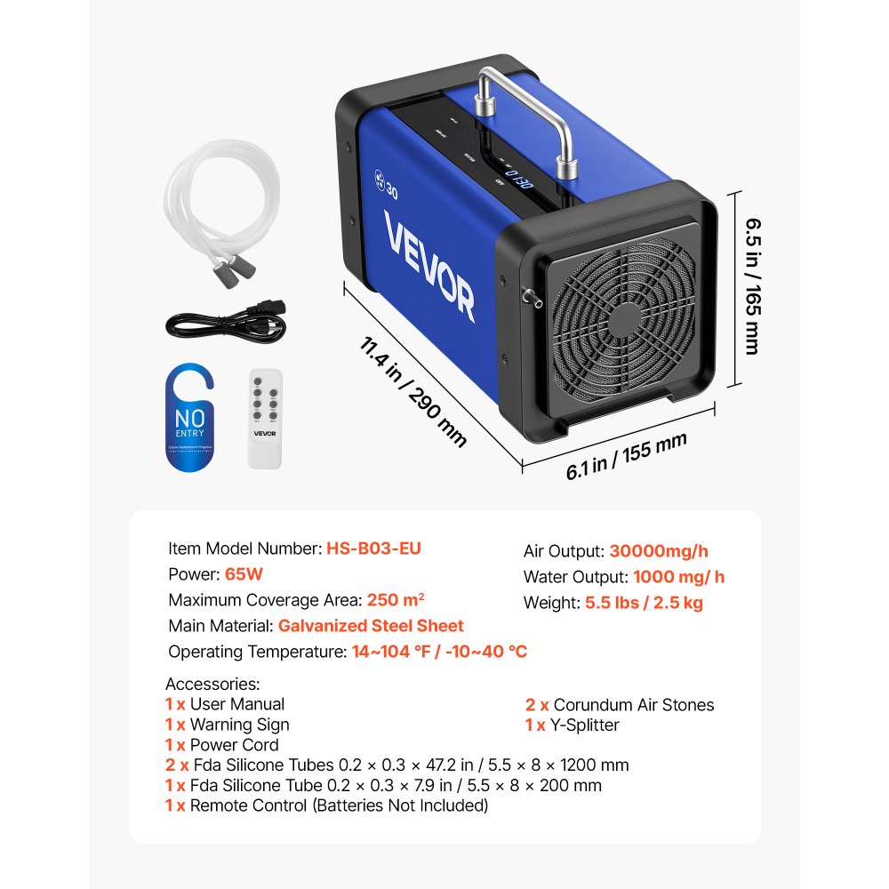 VEVOR Generador de Ozono 30000 mg/h con 6 Tubos de Cuarzo, Control Remoto, Doble Modo, Máquina de Ozono con Doble Manguera, Difusores de Corindón, Cobertura hasta 250 m², para Cocina Hogar Oficina