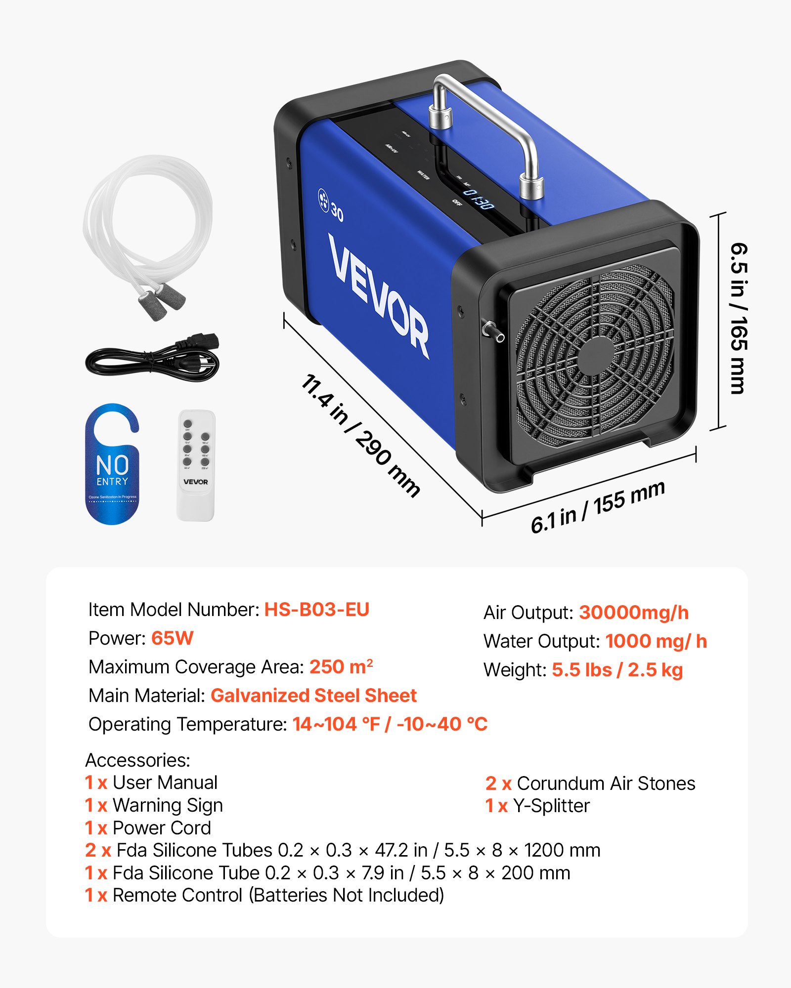 VEVOR Generador de Ozono 30000 mg/h con 6 Tubos de Cuarzo, Control Remoto, Doble Modo, Máquina de Ozono con Doble Manguera, Difusores de Corindón, Cobertura hasta 250 m², para Cocina Hogar Oficina