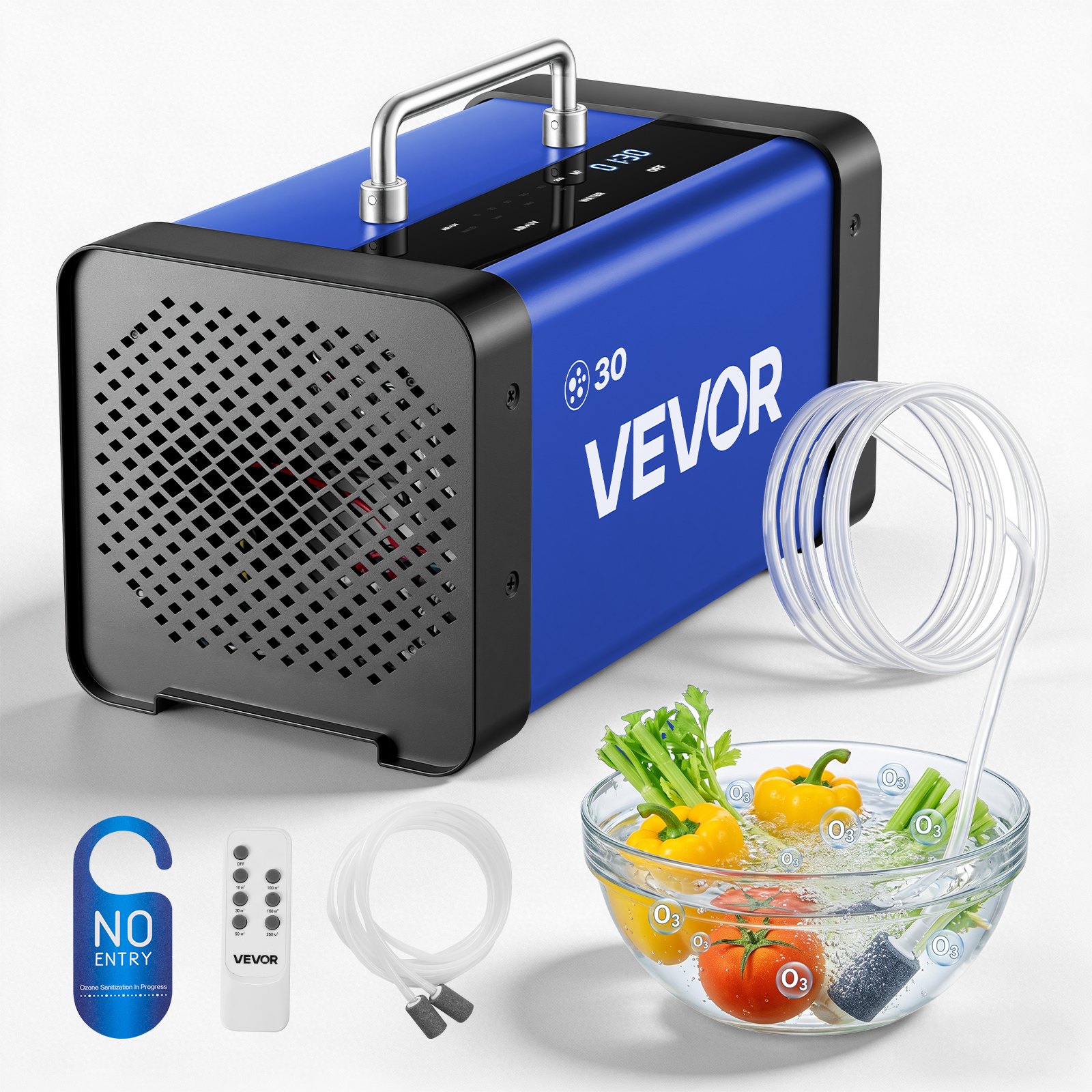 VEVOR Generador de Ozono 30000 mg/h con 6 Tubos de Cuarzo, Control Remoto, Doble Modo, Máquina de Ozono con Doble Manguera, Difusores de Corindón, Cobertura hasta 250 m², para Cocina Hogar Oficina