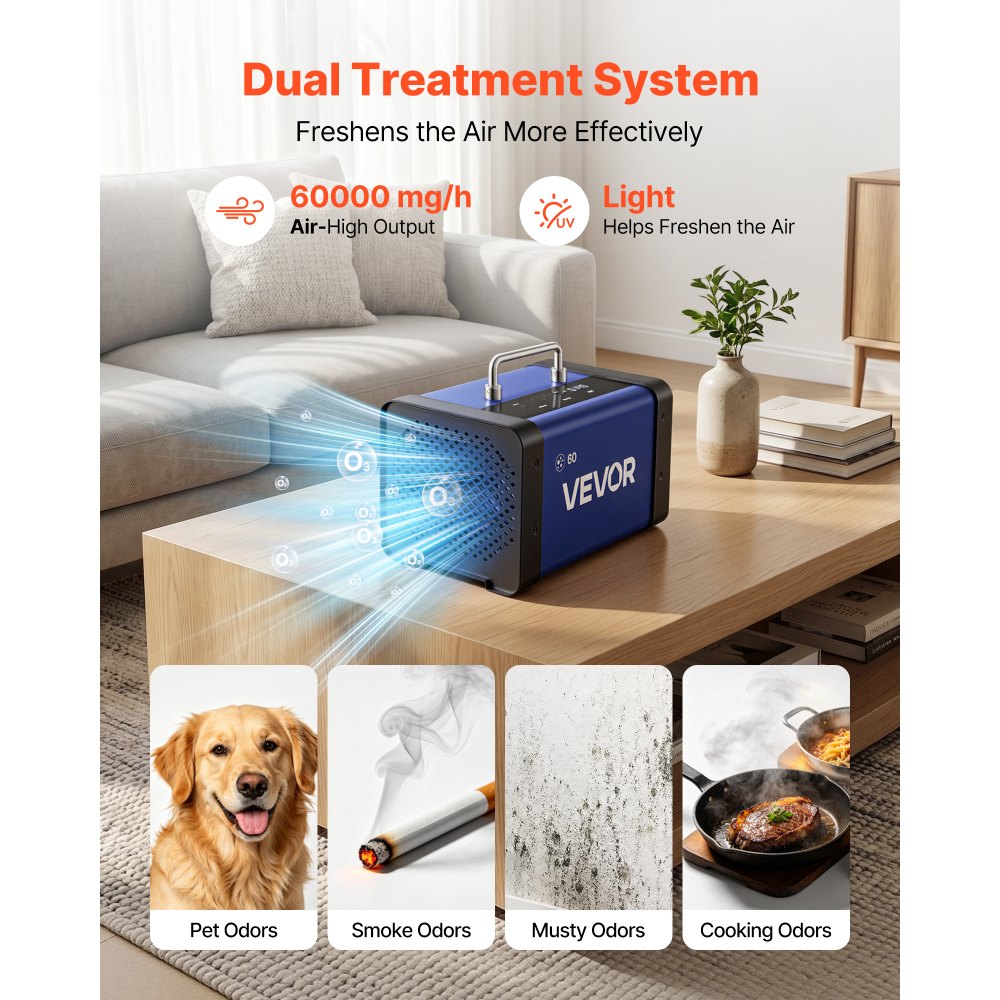 VEVOR Generador de Ozono 60000 mg/h con 12 Tubos de Cuarzo, Control Remoto, Doble Modo, Máquina de Ozono con Doble Manguera, Difusores de Corindón, Cobertura hasta 450 m², para Cocina Hogar Oficina