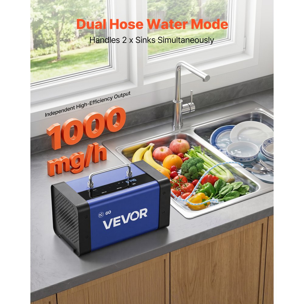 VEVOR Generador de Ozono 60000 mg/h con 12 Tubos de Cuarzo, Control Remoto, Doble Modo, Máquina de Ozono con Doble Manguera, Difusores de Corindón, Cobertura hasta 450 m², para Cocina Hogar Oficina