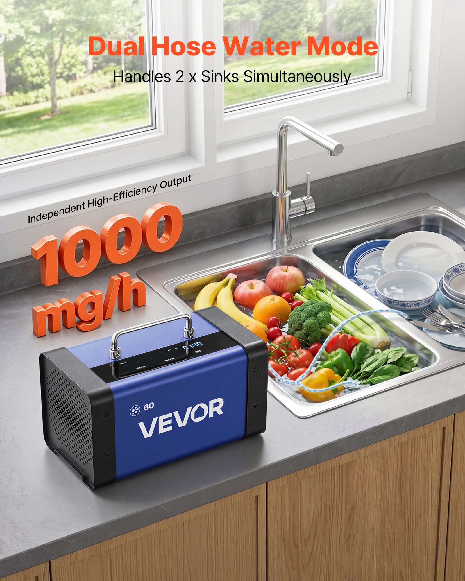 VEVOR Generador de Ozono 60000 mg/h con 12 Tubos de Cuarzo, Control Remoto, Doble Modo, Máquina de Ozono con Doble Manguera, Difusores de Corindón, Cobertura hasta 450 m², para Cocina Hogar Oficina