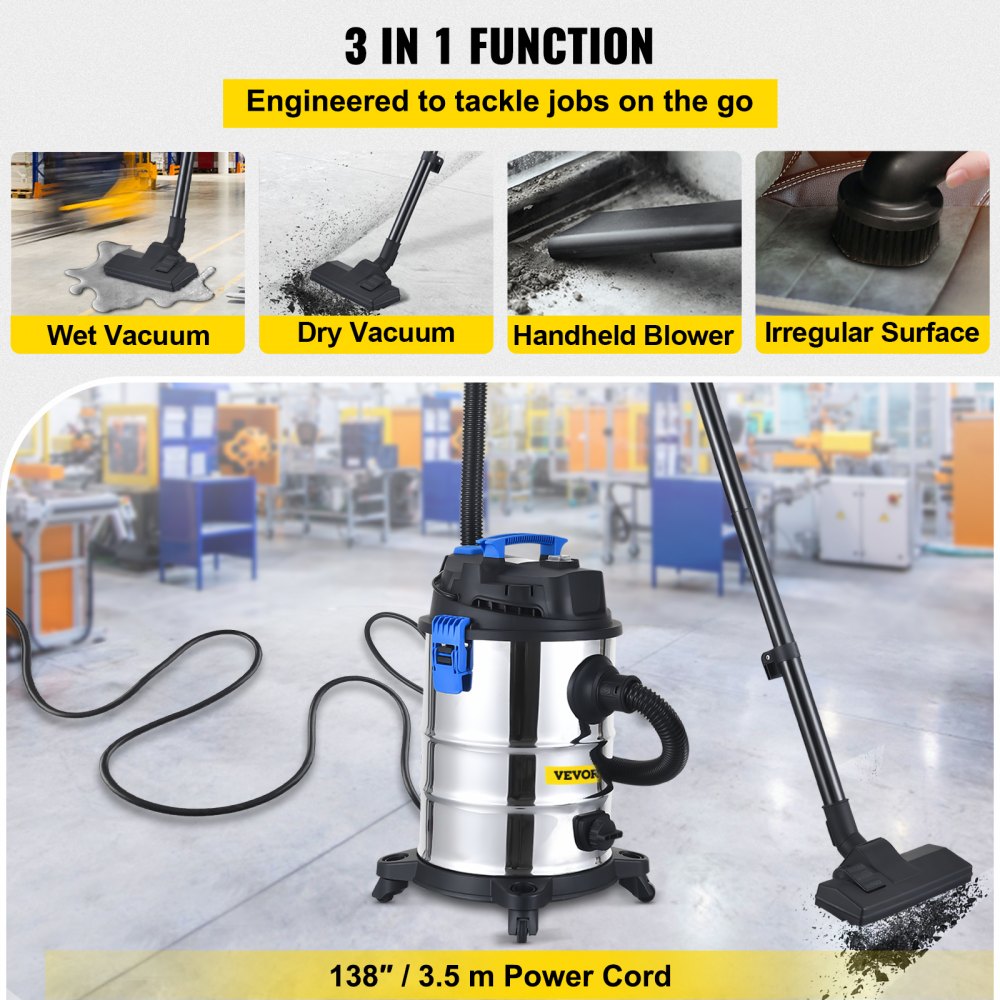 VEVOR Aspiradora para Seco/Mojado 25 L Extractor de Polvo con Filtro HEPA 1200W Aspiradora Multifuncional en el Vehículo, el Lugar de Trabajo, el Taller, el Garaje, el Sótano, la Camioneta, la Casa