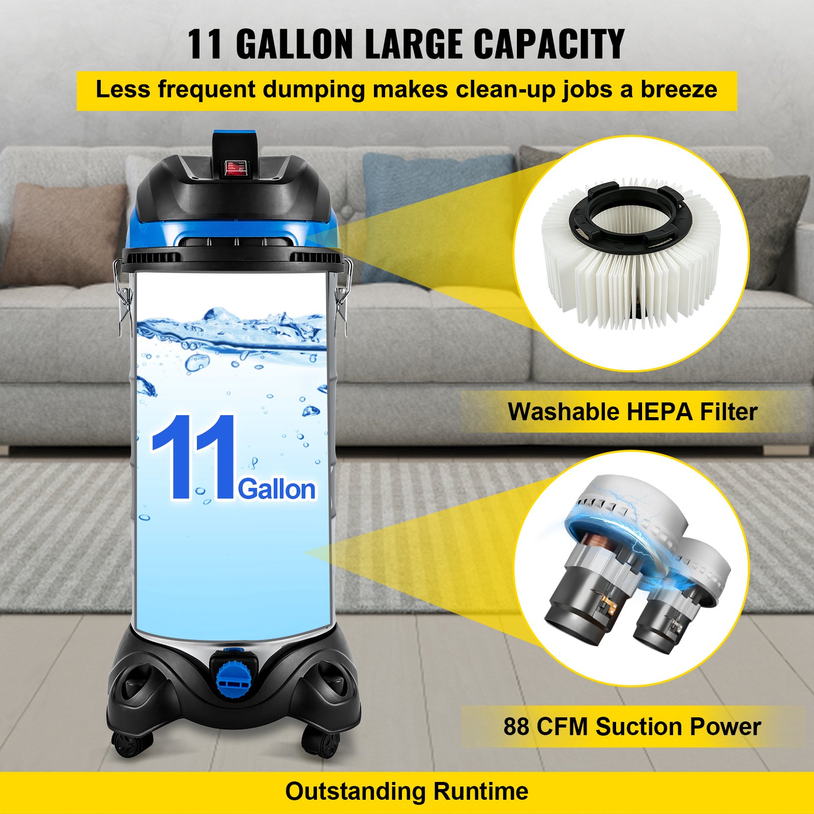 VEVOR Aspiradora en Seco y Húmedo 40 L Aspirador Industrial con Filtro HEPA 1200 W Aspiradora Multifuncional 120 V Aspirador de Taller de Acero Inoxidable con Accesorios para Oficina Garaje Camioneta