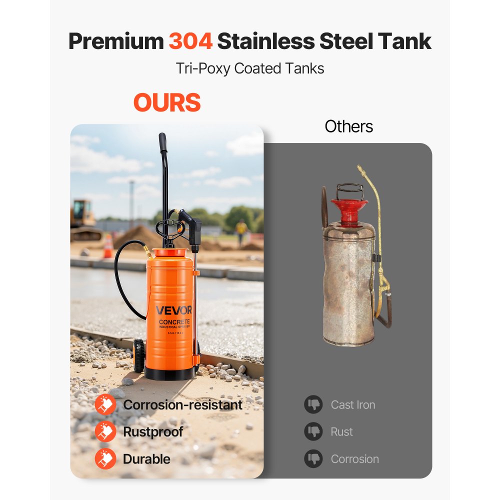VEVOR Industrial Concrete Sprayer with Wheeled Cart, 14L Stainless Steel Sprayer, Heavy Duty Tri-Poxy Pump Sprayers, 52cm Wand, 1.2m & 3m Hoses, 2 Brass Nozzles for Construction, Lawn & Garden