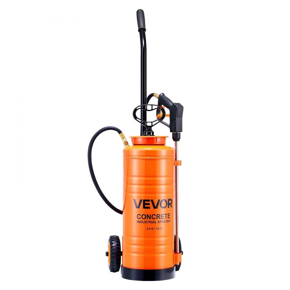 VEVOR Industrial Concrete Sprayer with Wheeled Cart, 14L Stainless Steel Sprayer, Heavy Duty Tri-Poxy Pump Sprayers, 52cm Wand, 1.2m & 3m Hoses, 2 Brass Nozzles for Construction, Lawn & Garden