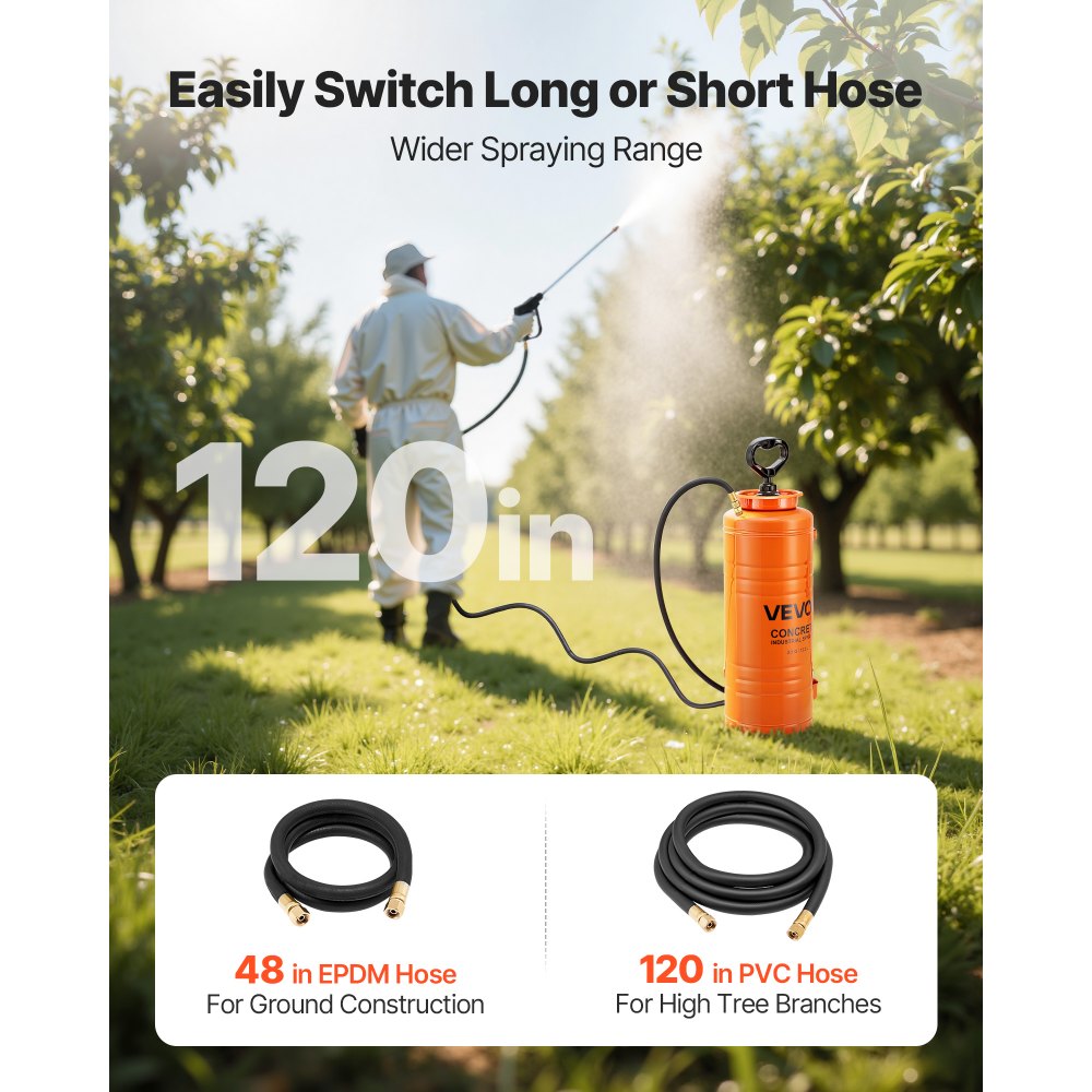 VEVOR Pulverizador de Hormigón Industrial, Pulverizador de Acero Inoxidable de Aprox. 13,2 L, Presión 25-60 PSI, Longitud de Lanza de 520 mm, 2 Boquillas de Latón, para Construcción y Jardín
