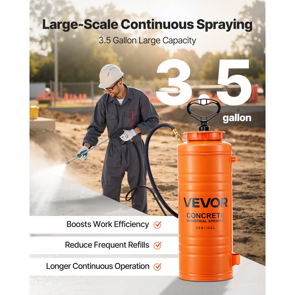 VEVOR Pulverizador de Hormigón Industrial, Pulverizador de Acero Inoxidable de Aprox. 13,2 L, Presión 25-60 PSI, Longitud de Lanza de 520 mm, 2 Boquillas de Latón, para Construcción y Jardín