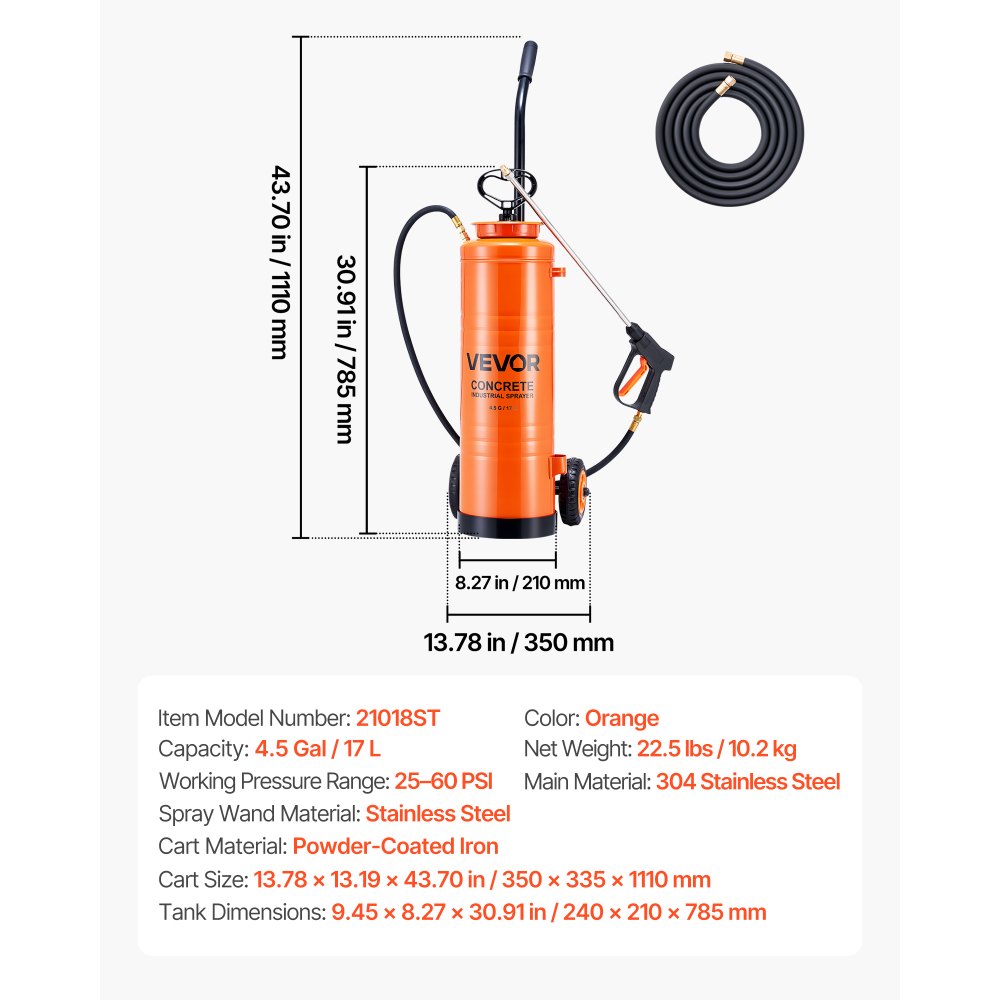 VEVOR Pulverizador Industrial Capacidad de 17 L, Pulverizador de Hormigón de Acero Inoxidable con Mango Ergonómico y Carro Extraíble, Presión 25-60 PSI, 2 Boquillas de Latón, para Construcción
