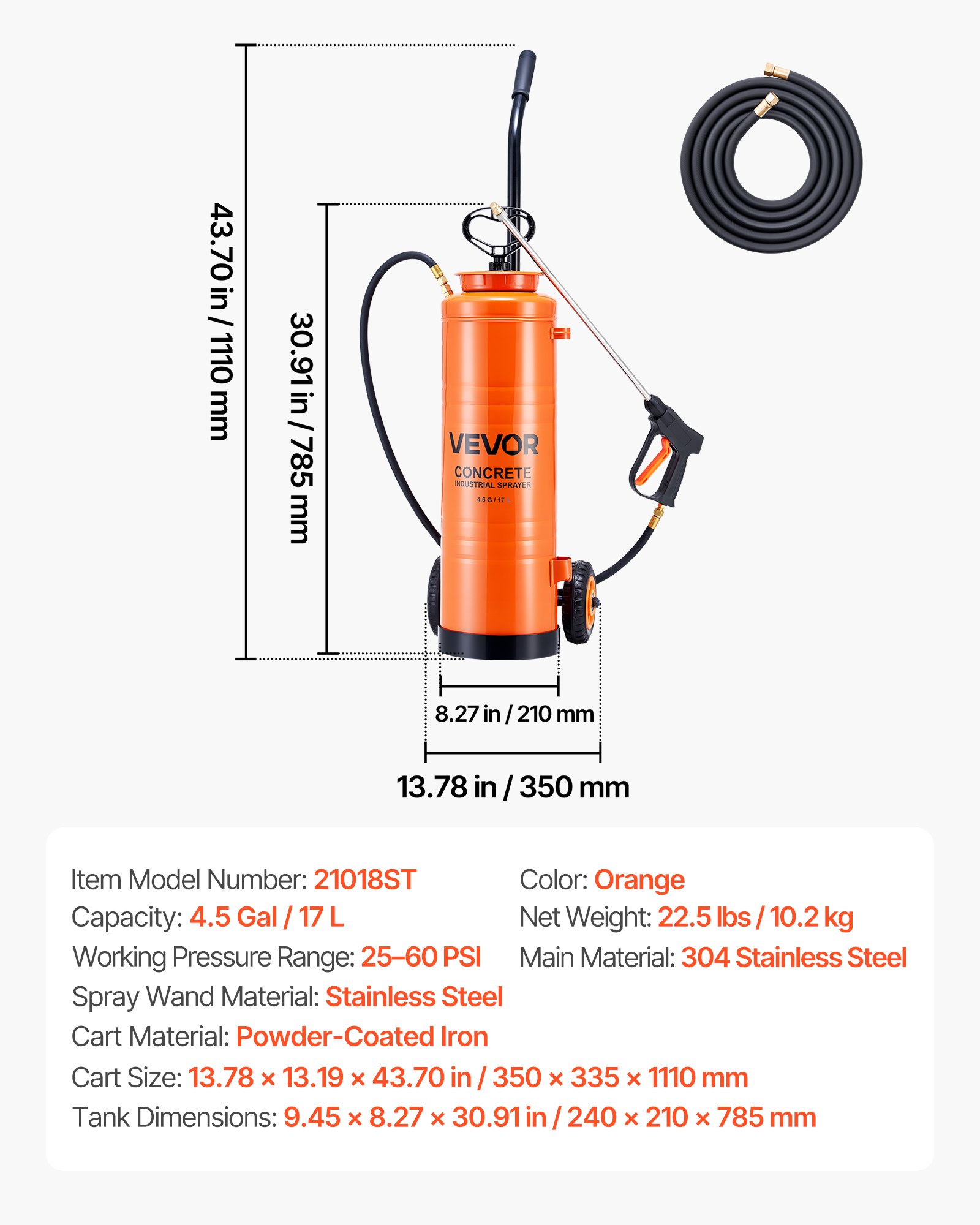 VEVOR Pulverizador Industrial Capacidad de 17 L, Pulverizador de Hormigón de Acero Inoxidable con Mango Ergonómico y Carro Extraíble, Presión 25-60 PSI, 2 Boquillas de Latón, para Construcción